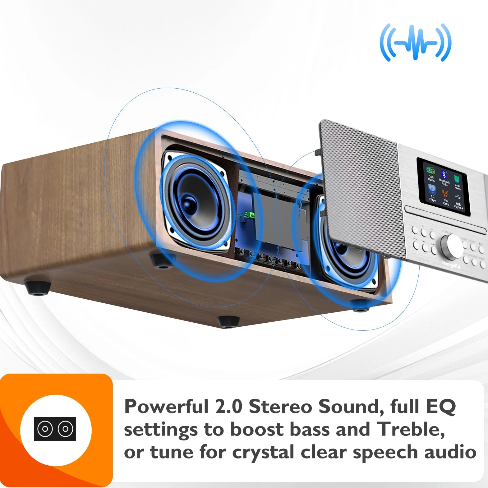 MS4 CD Player DAB Radio HiFi System I Dab Radio mit Bluetooth IStereoanlage Kompaktanlage IAkustisches Holzgehäuse I CD Player mit Lautsprechern I 40 Presets,Kopfhöreranschluss I Walnuss