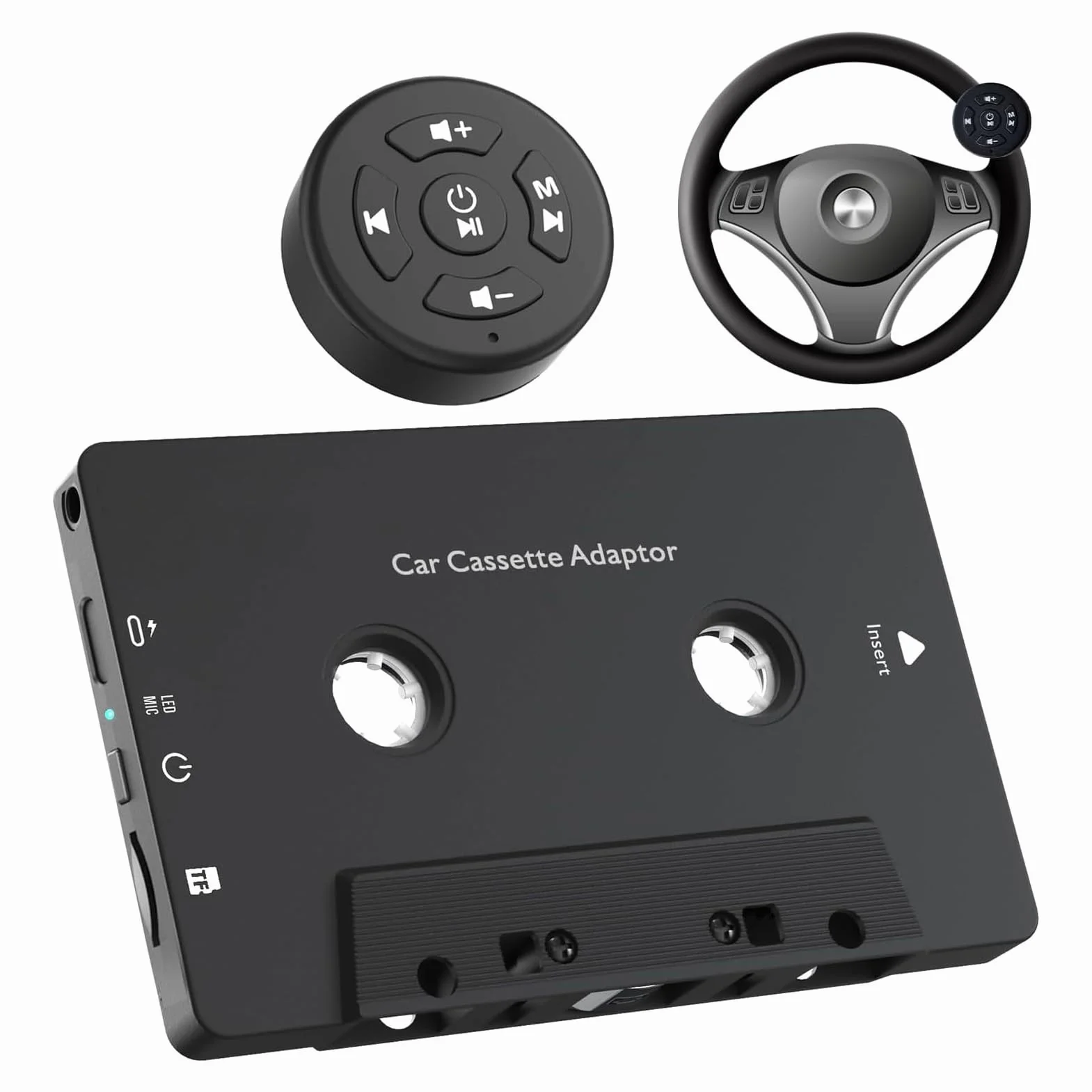 Tosuny Bluetooth Kassettenadapter für Autos mit Lenkradfernbedienung – kabelloser Kassettenrekorder mit BT 5.4 Empfänger, Freisprechen und Musik Streaming vom Smartphone/SD Karte