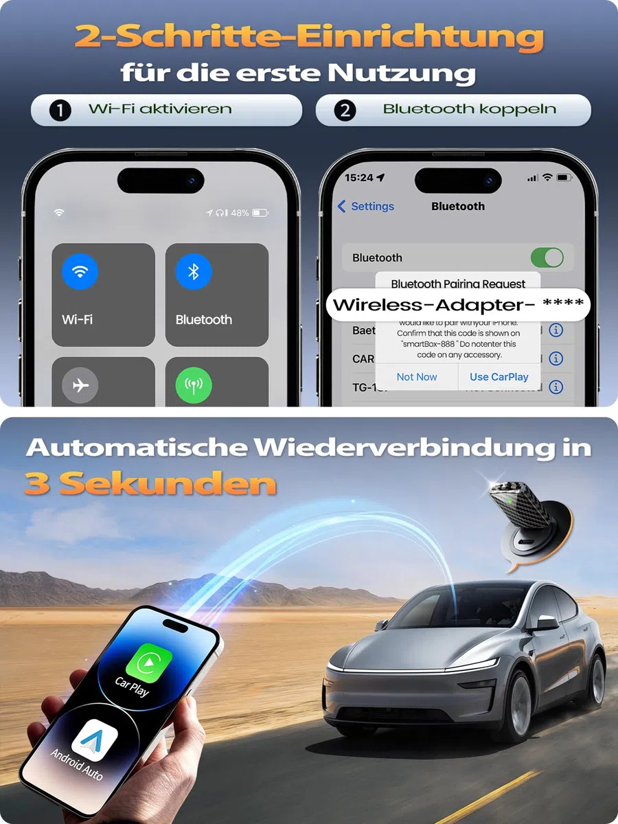 Mini CarPlay Wireless Adapter für Apple iPhone, Android Auto Wireless Adapter mit Auto GPS Navigation, Karbonfaser Design, Metall USB-A/C, Schnell & Stabil, Kompatibel mit iPhone (iOS 10+)/Android 10+