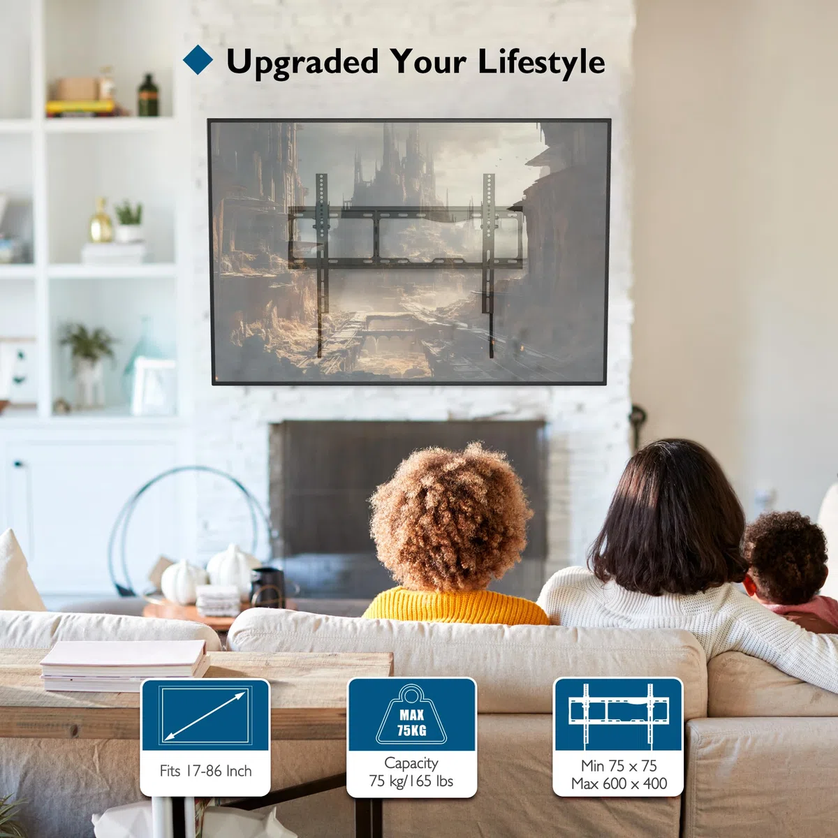 BONTEC TV Wandhalterung Neigbar für 17-86 Zoll Fernseher, bis zu 75 kg, VESA 75x75-600x400mm, flach zur Wand 30mm, inkl. Wasserwaage, Kabelbinder, einfache Installation