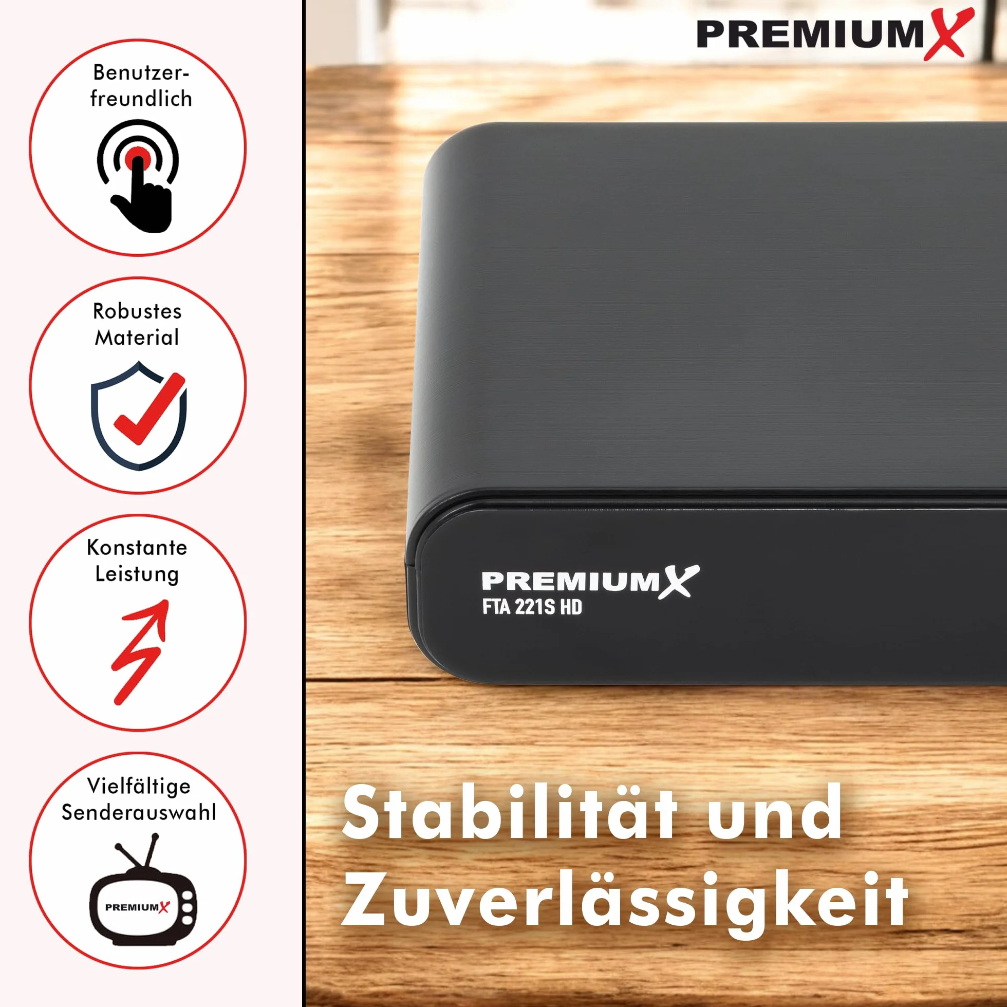 Premium X HD 221S Sat Receiver – DVB-S2 FTA Digital Satellitenreceiver, Unicable tauglich, HDMI & SCART, USB Media Player, kompakt, vorinstallierte deutsche Sender