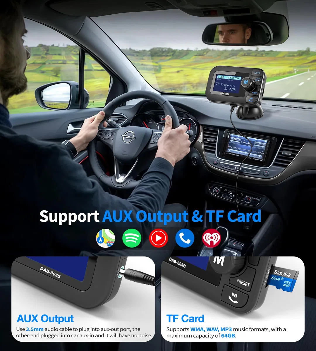 DeeprBlu DAB Adapter für Autoradio, 2.3" DAB Plus Radio Auto FM Transmitter DAB+ Digitales Radio Adapter mit Bluetooth Freisprechanruf,Autoradio Bluetooth DAB+Aux Out+USB KFZ Ladegerät+TF Musikplayer