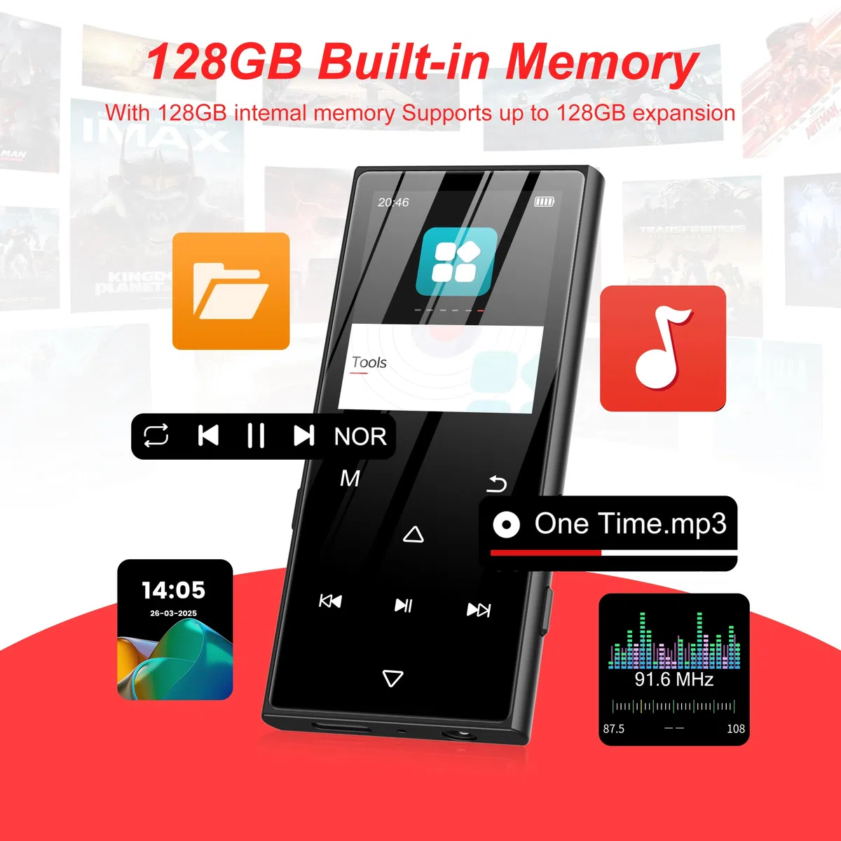 SWOFY 128GB MP3-Player Bluetooth 5.3, 1.8-Zoll-Screen & HiFi-Musik, mit Lautsprecher, FM-Radio, E-Book-Funktion und Aufnahmefunktion (schwarz)