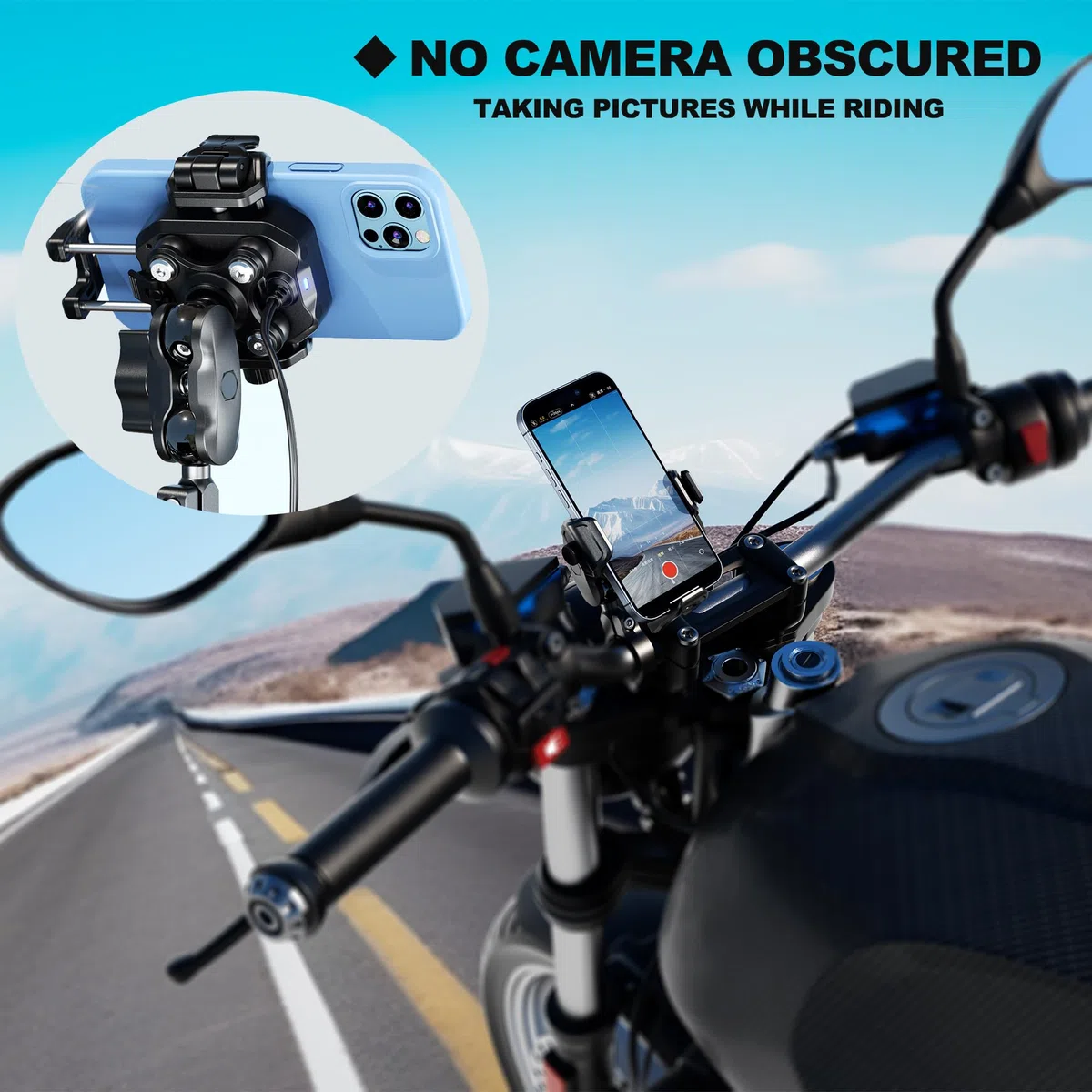 iMESTOU Kabellose USB-C Handyhalterung für Motorrad, Vibrationsdämpfend und Wasserdicht, 2,5 cm Kugel Qi Handyhalterung, Geeignet für 4,7"-7,2" mit max. 15mm Dicke Handys, Passend für 22–32 mm Lenker
