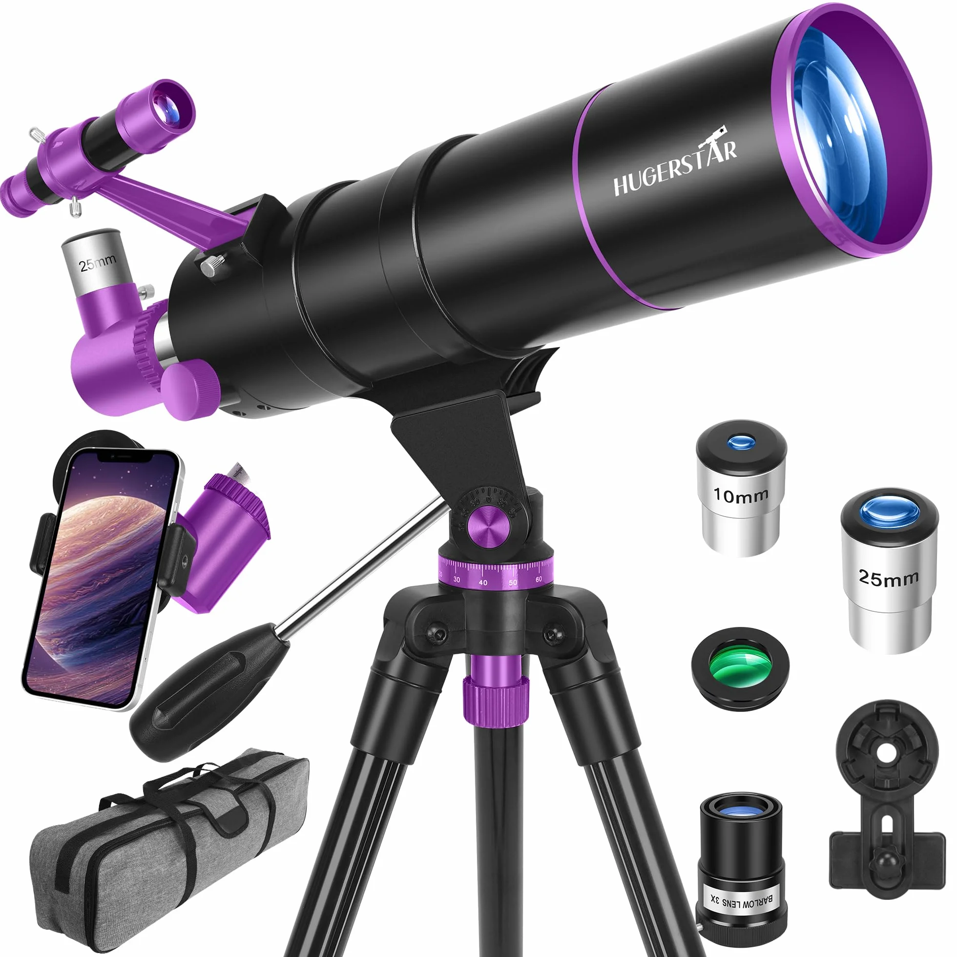 HUGERESTAR Teleskop Astronomie Profi für Erwachsene, 90/550mm Astronomisches Refraktor Teleskope für Kinder & Anfänger, Tragbares Reiseteleskop mit Stativ, Handyhalterung, Mondfilter & Tragetasche