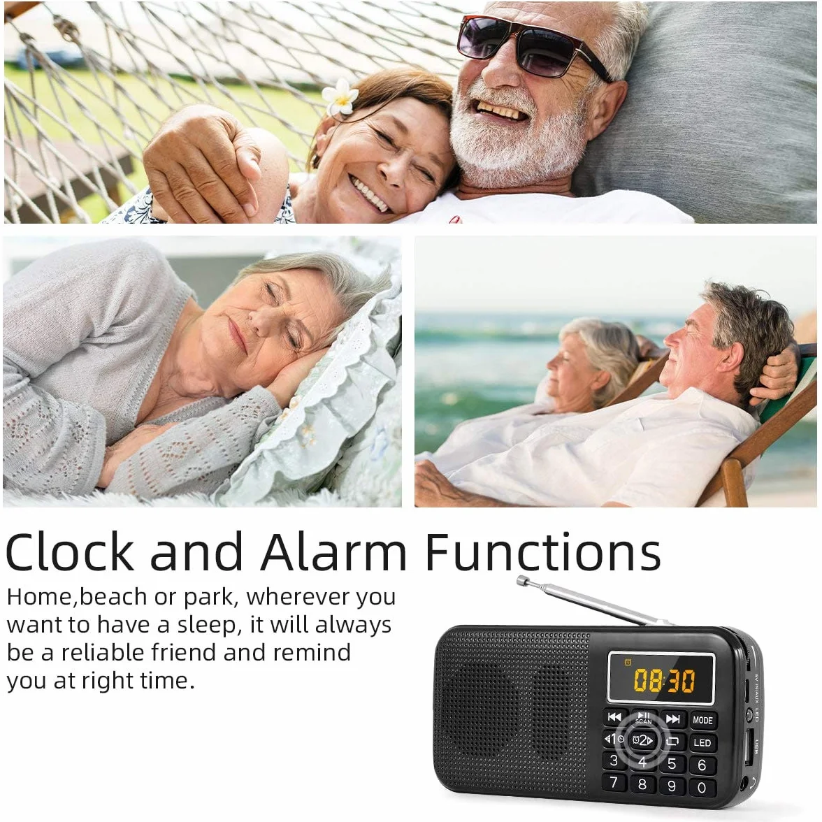 PRUNUS J-725 FM UKW Radio Klein, Digital Radio mit 3000mAh Wiederaufladbare Batterie, Kofferradio Tragbares Radios Wecker, USB/SD/TF/AUX-Player, Akku Radio mit Notlicht.(Schwarz)