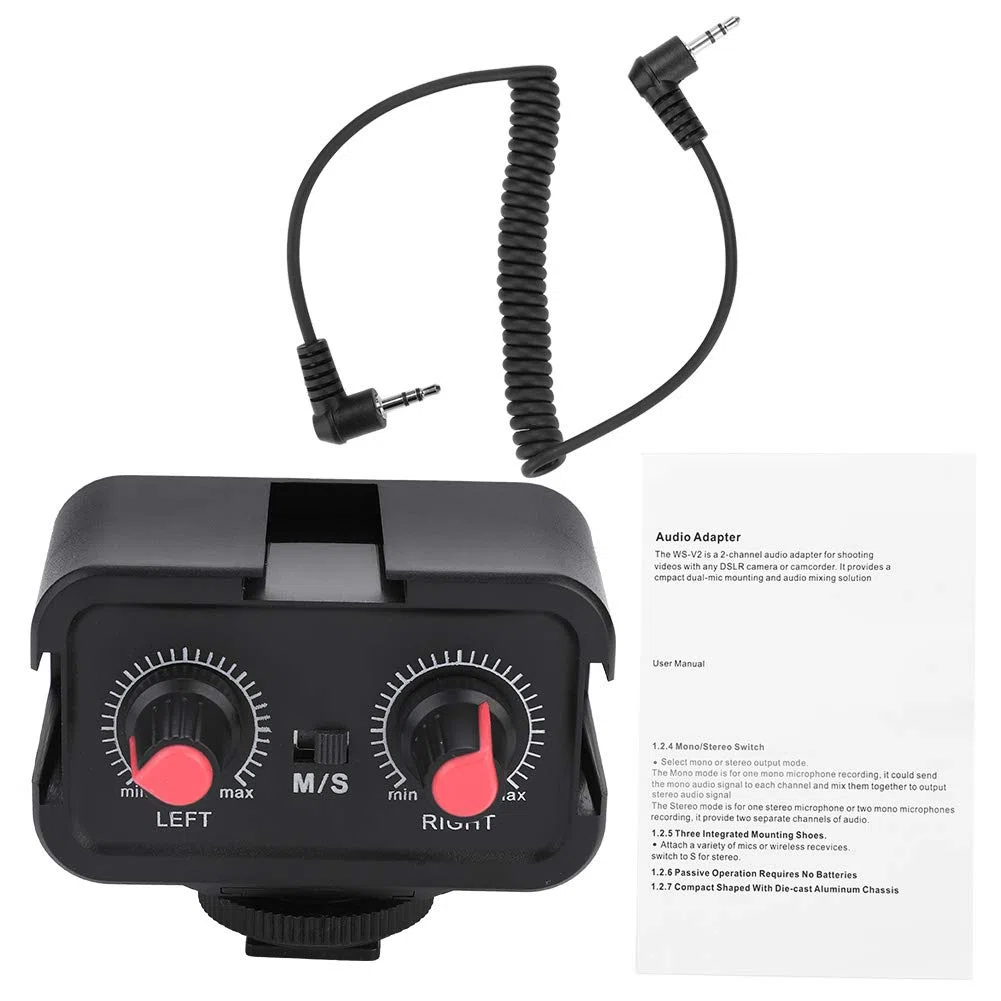 2-Kanal-Kamera-Mikrofon-Audiomixer für DSLR-Kameras, universeller tragbarer Mikrofon-Audioadapter-Mixer mit 3,5-mm-Eingängen, DREI Montageschuhen, Zwei Trimmregler, Zwei Stereo/Mono-Adapter