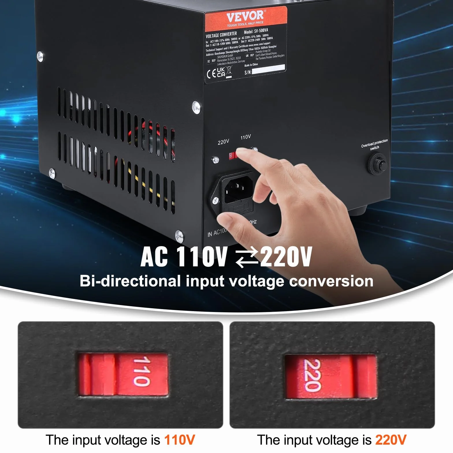 VEVOR 2000W Spannungswandler Transformator AC 110V⇋220V Transformer Wandler 2X US NEMA 5-15R 3-polige/2x standardmäßige europäische Shucko-Ausgangssteckdosen, 1x 5V-USB-Anschluss, 1x Typ-C-Buchse