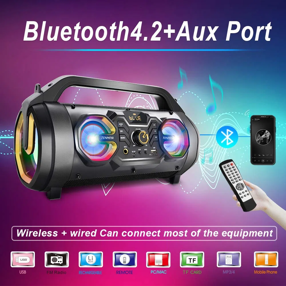 TENMIYA Bluetooth Lautsprecher 30W mit FM Radio, Subwoofer, USB, Bunte Licht, 10H Akku Box für Party, Outdoor