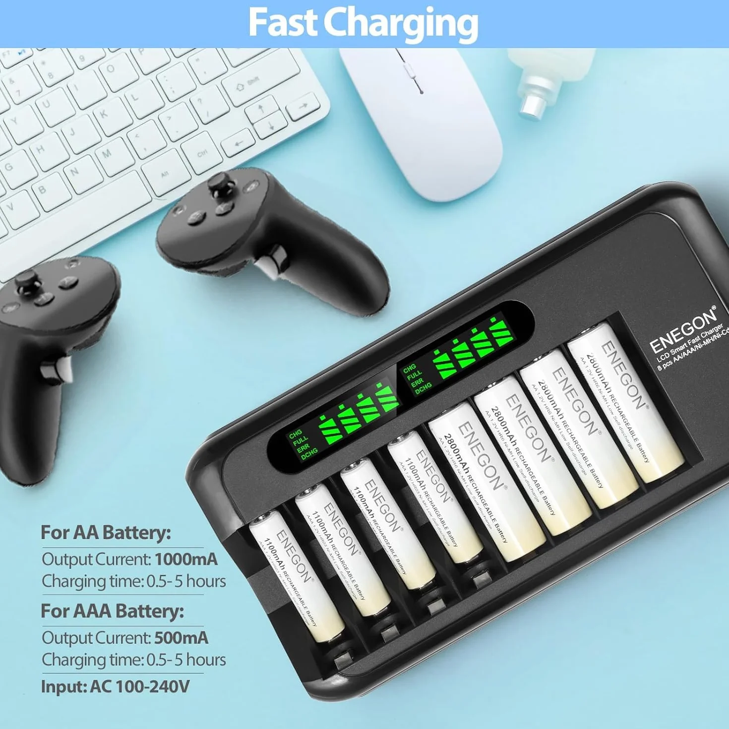 ENEGON Akkuladegerät, Schnell Akku Ladegerät mit AC-Adapter und intelligentem LCD-Display, Unabhängiges 8-Ladeplatz Batterieladegerät für NI-MH NI-CD Wiederaufladbare AA AAA Batterien