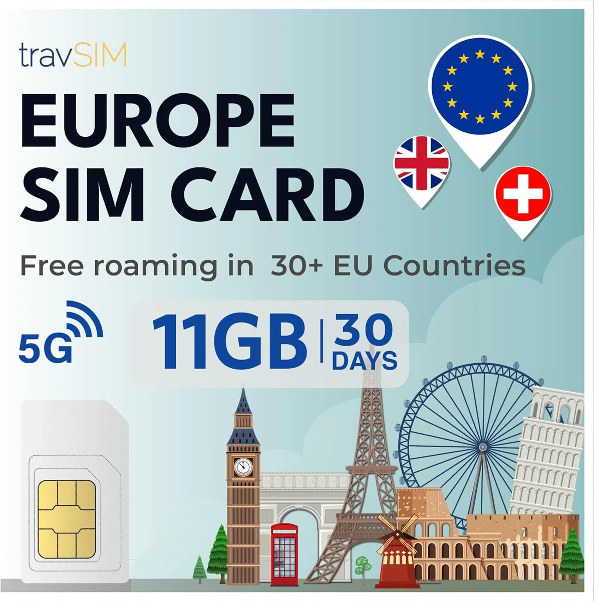 travSIM Prepaid SIM Karte für Europa 12GB Mobile Daten mit 4G/5G | Die Europa Prepaid SIM Karte kann in über 20 Ländern Verwendet Werden, Einschließlich in UK und der Schweiz | 30 Tage lang Gültig