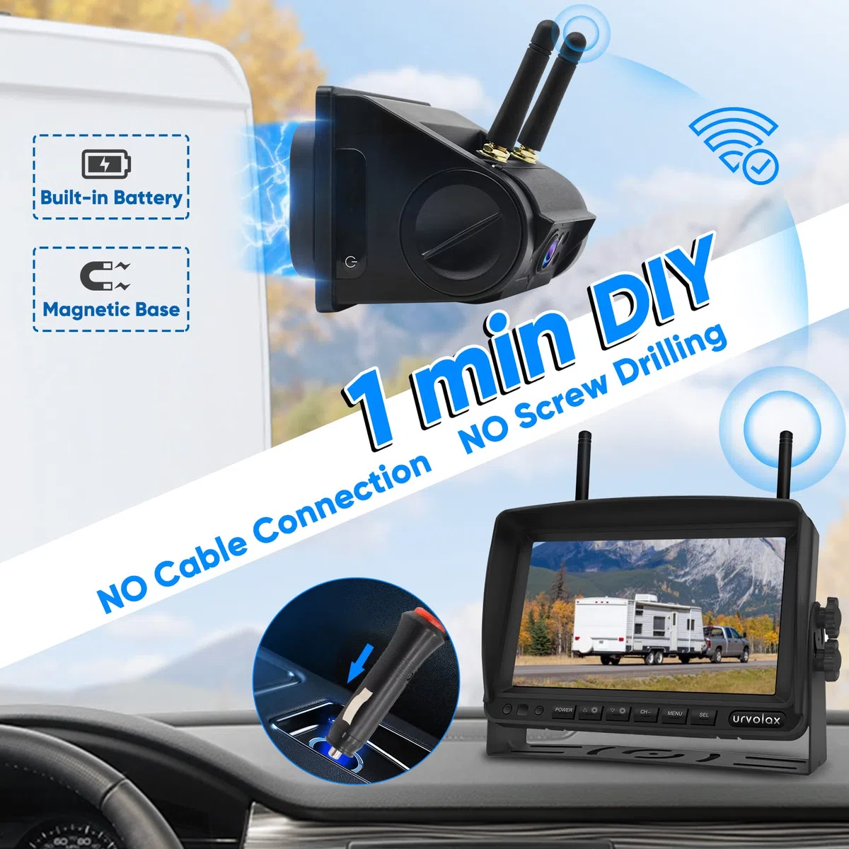 URVOLAX Rückfahrkamera Kabellos 6700mAh Wiederaufladbare Batterie Magnetische 7 Zoll Monitor Videoaufzeichnung DIY Installation für Wohnmobil Wohnwagen Anhänger LKW