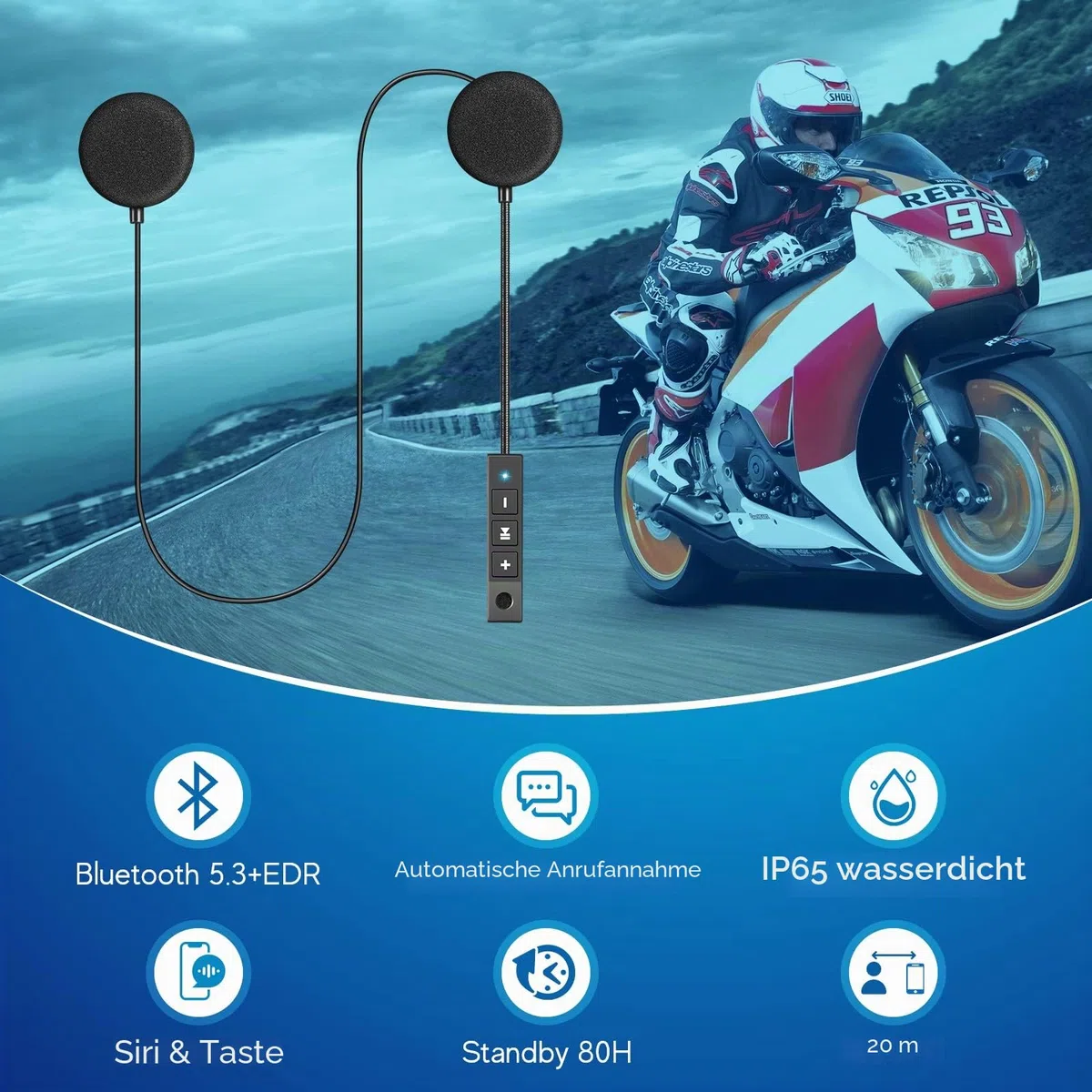 MAXTO Motorradhelm-Bluetooth-Headset, Outdoor-Freisprecheinrichtung, Bluetooth 5.3 EDR, kabelloses Motorrad-Headset mit automatischer Rufannahme, Motorrad-Kopfhörer mit hoher Klangqualität