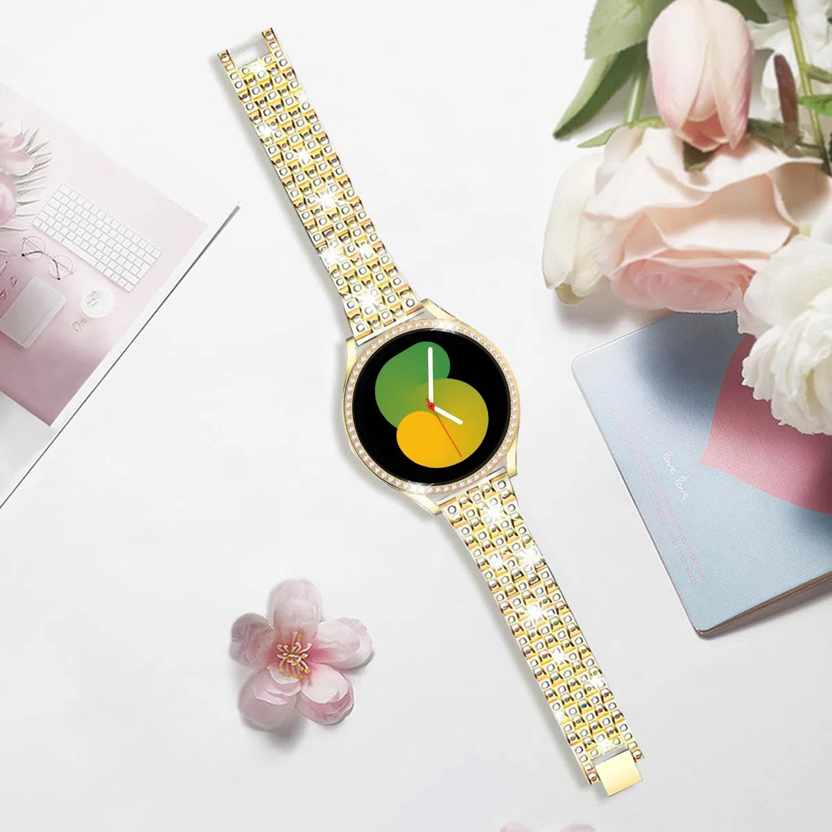 DEALELE Armband Kompatibel mit Samsung Galaxy Watch 7/5 / 4 40mm 44mm / FE 40mm / 5 Pro 45mm, 20mm Glitzer Diamant Metall Armbänder mit Schutzhülle Cover Ersatz für Damen Herren