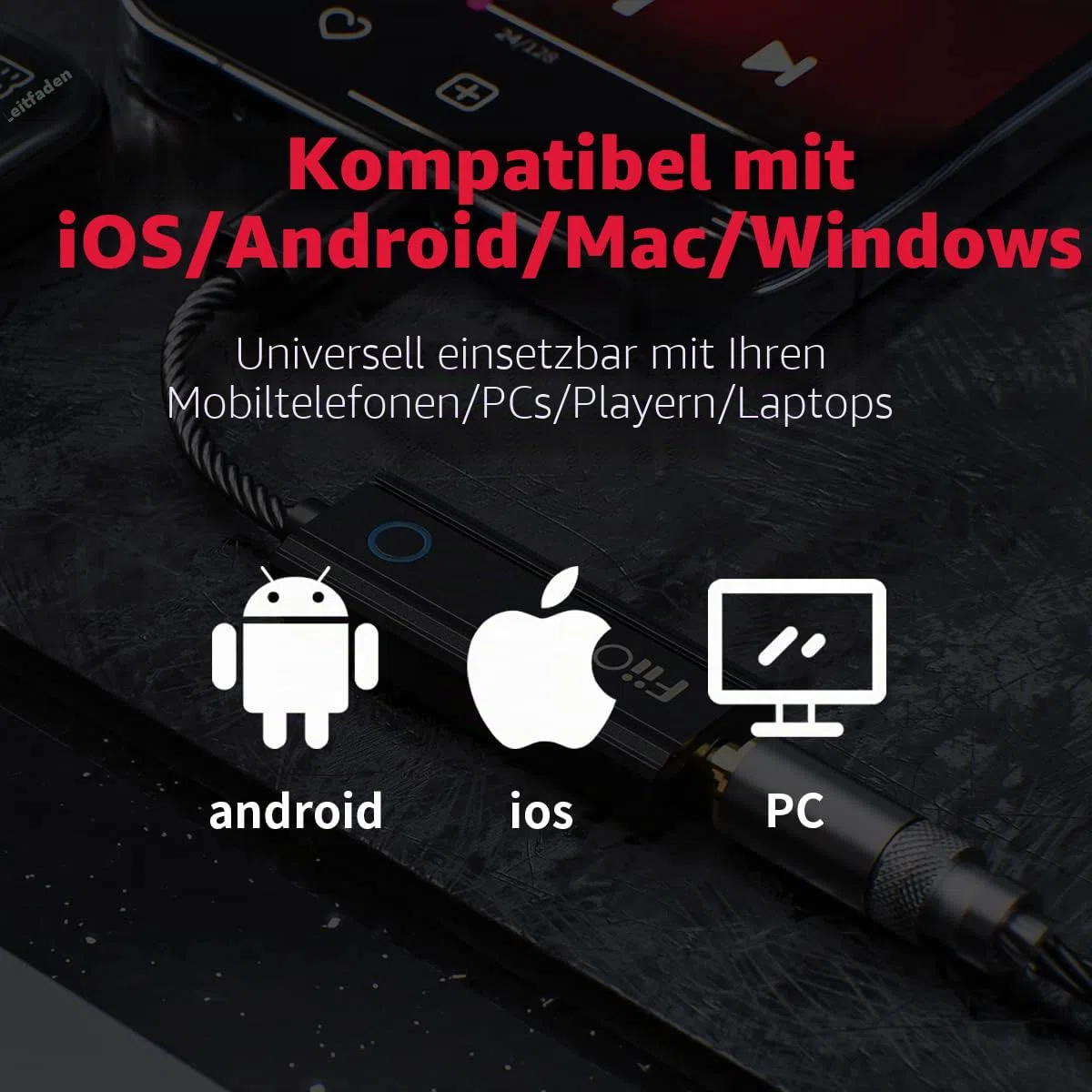 FiiO JadeAudio KA1 Kopfhörer-Verstärker, winziger USB-DAC, hohe Auflösung, 3,5 mm, verlustfrei, für Smartphones/PC/Laptops/Player (Typ C, schwarz)