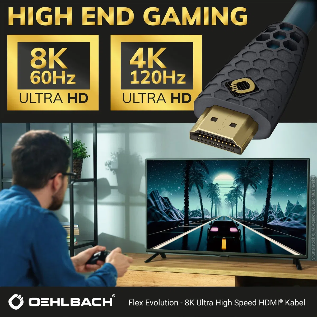 OEHLBACH Flex Evolution - Ultra High-Speed HDMI-Kabel, patentierter Knickschutz, 8K UHD 60Hz 4320p, 4K 120Hz, 2160p - 48Gbit/s, 21:9 Cinema, 3D, Dolby Vision, Dynamic HDR 10+, VRR, eARC, 1,50 Meter
