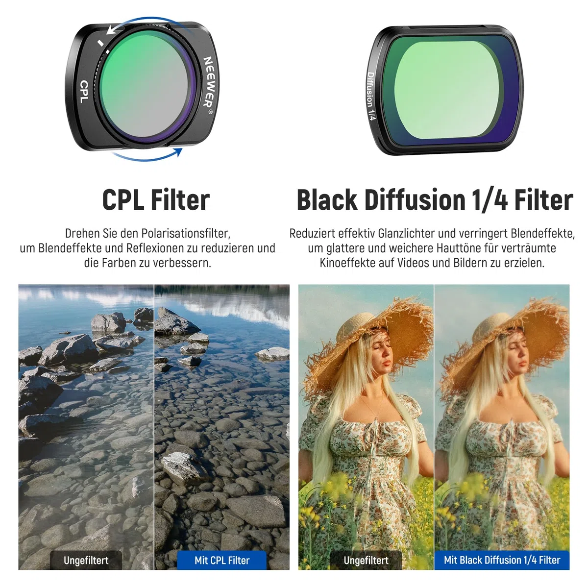NEEWER Magnetfilterset, kompatibel mit DJI Osmo Pocket 3 / Pocket 4 / Xtra Muse, variabler Neutraldichtefilter ND 2-32 CPL, polarisierender Schwarzdiffusionsfilter 1/4 für filmische Nebeleffekte