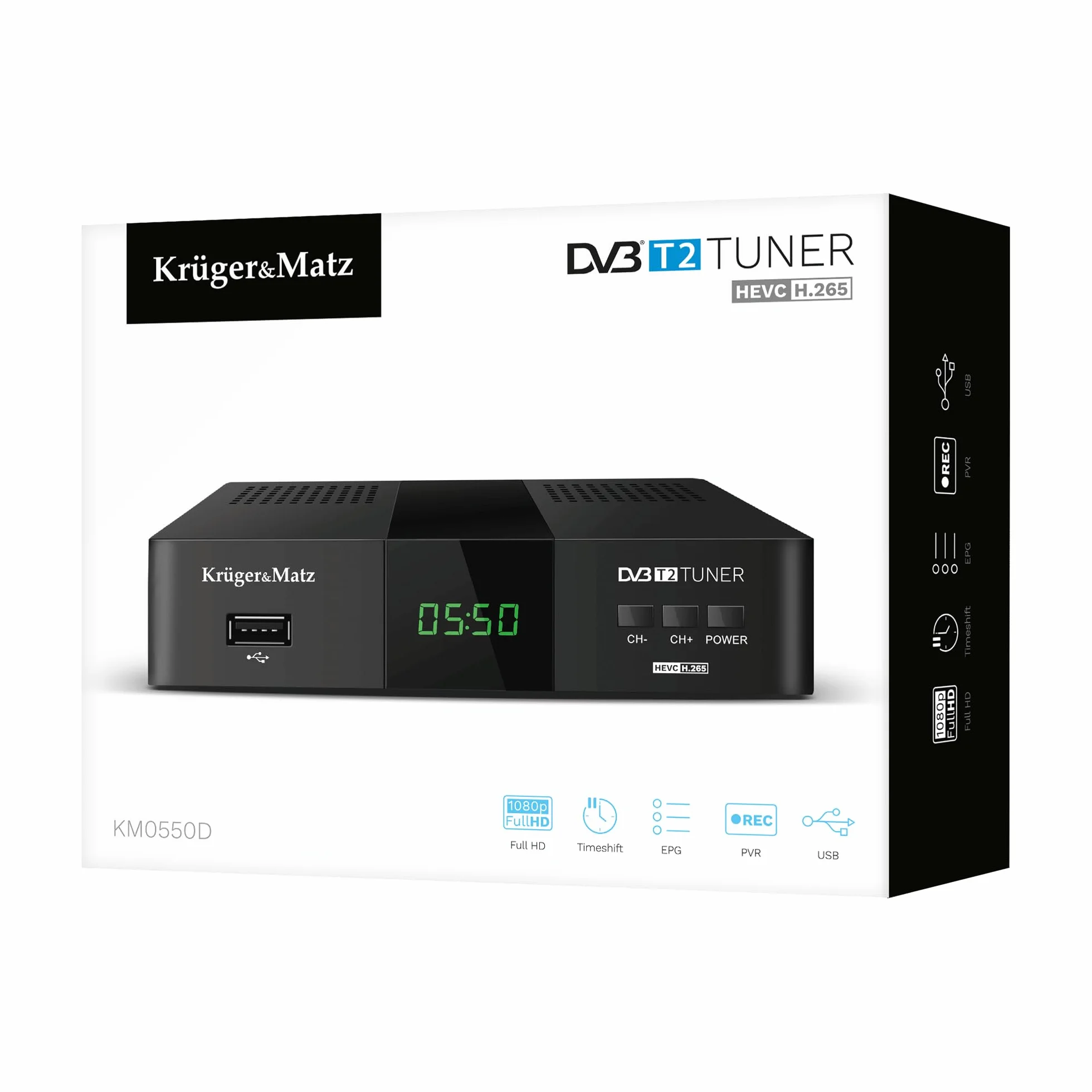 Krüger&Matz Tuner DVB-T2 H.265 HEVC Auflösung 1920x1080 px KM0550D Timer Timeshift Teletext Favoriten Kanäle 512 MB RAM