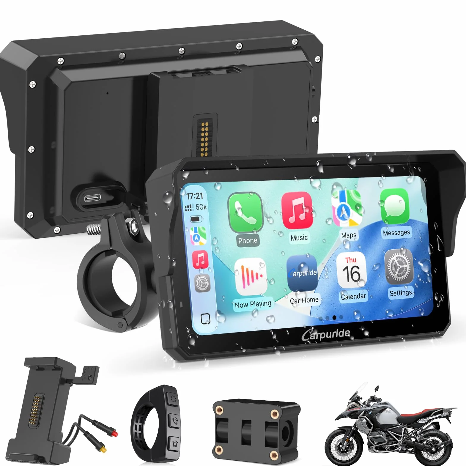 Carpuride W602S Pro Motorrad CarPlay Bildschirm mit BM05 für Plug-and-Play, Kabelloses CarPlay & Android Auto, 6,25" Wasserdichter Touchscreen, OTA, Dual-Bluetooth, Intercom-Funktion, Kabel Controller