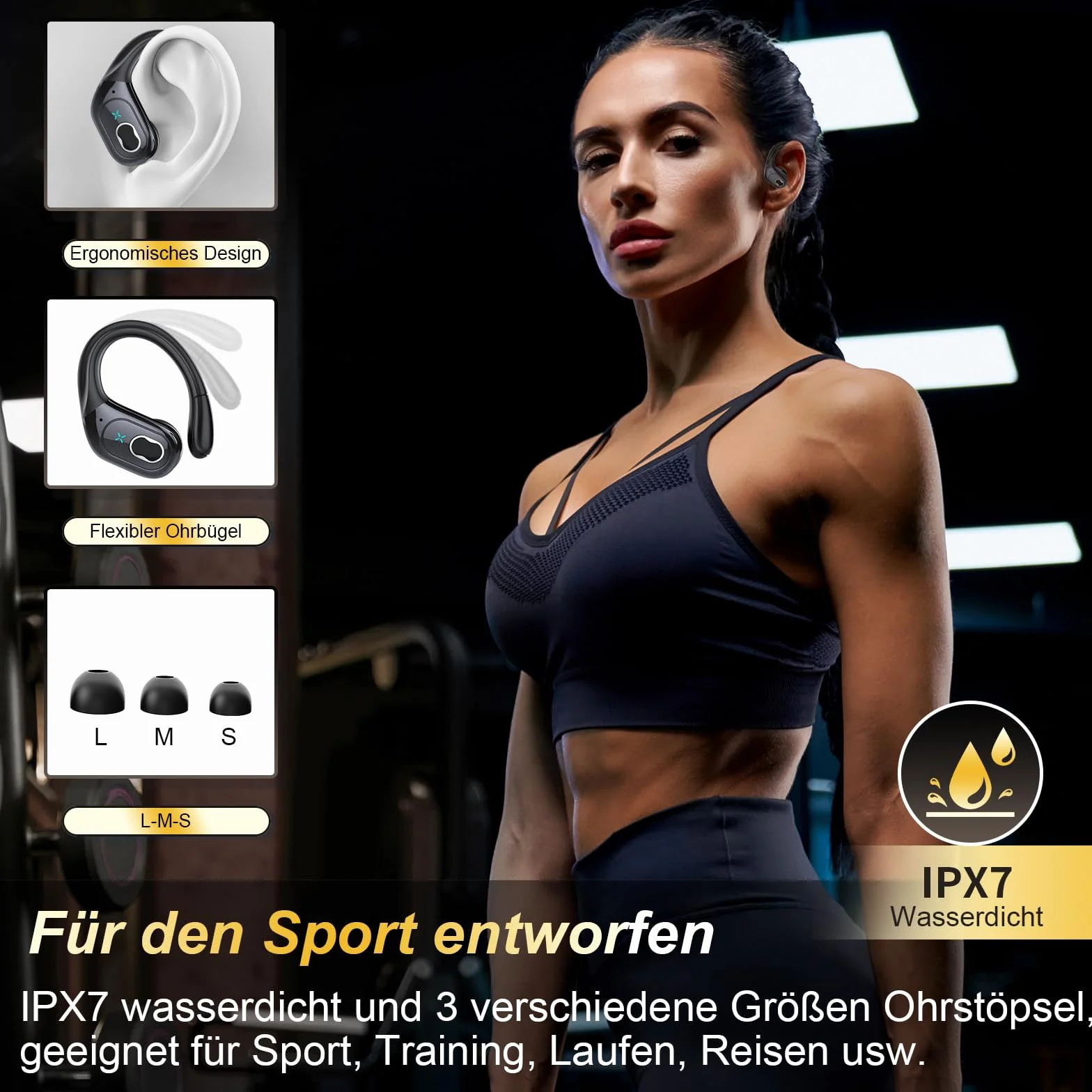 Aptkdoe In Ear Kopfhörer Kabellos Sport, Bluetooth 5.4 Kopfhörer mit ENC Mic, 75 Std Spielzeit, Anpassung über die App, Hi-Fi Stereo, IP7 Wasserdicht Ohrhörer LED Anzeige mit Ohrhaken für Joggen/Gym