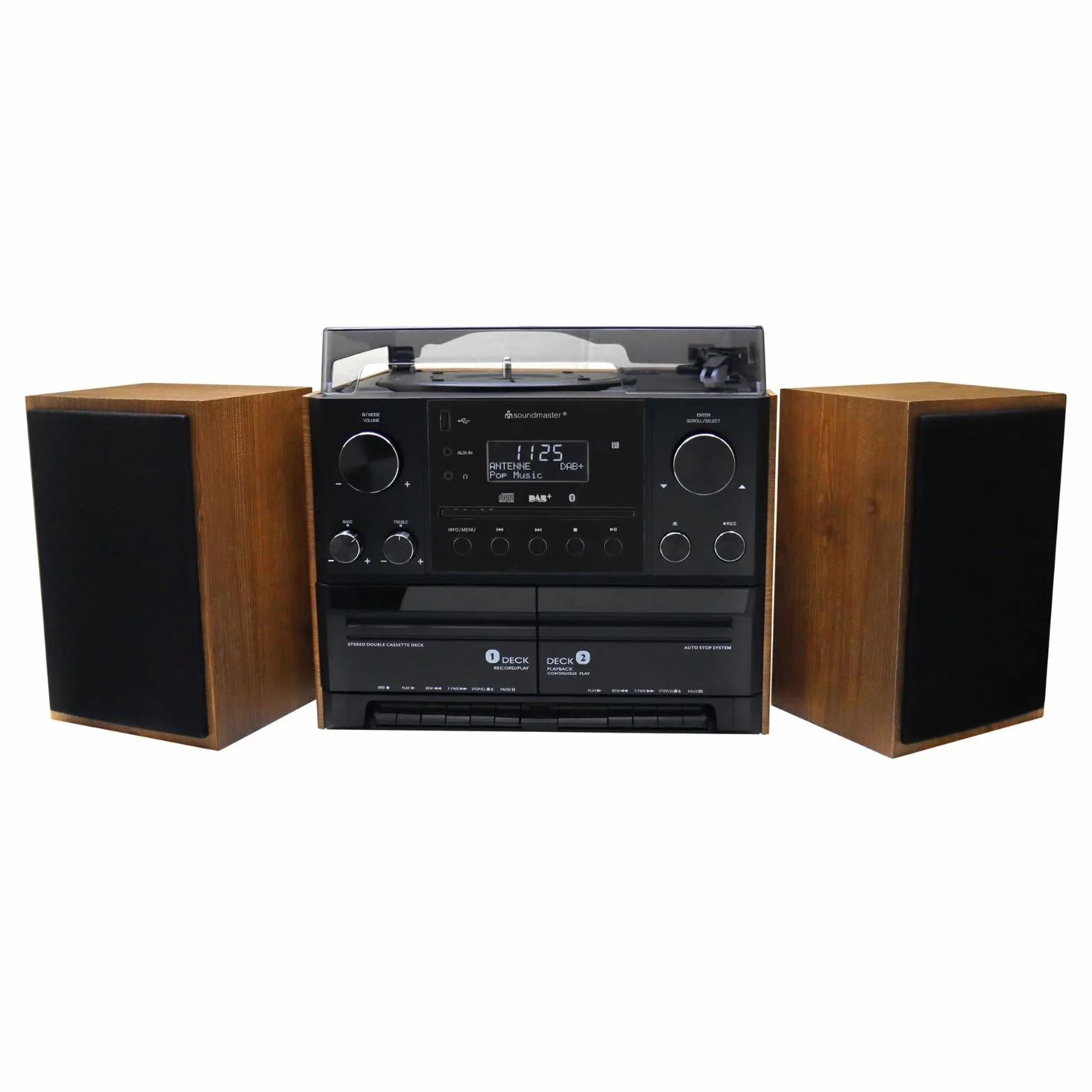 Soundmaster MCD5600 Stereoanlage mit Plattenspieler DAB+ Doppelkassette CD-Player USB MP3 Bluetooth Encoding Digitalisierung 75 Ohm Antennenanschluss, Farbe:braun