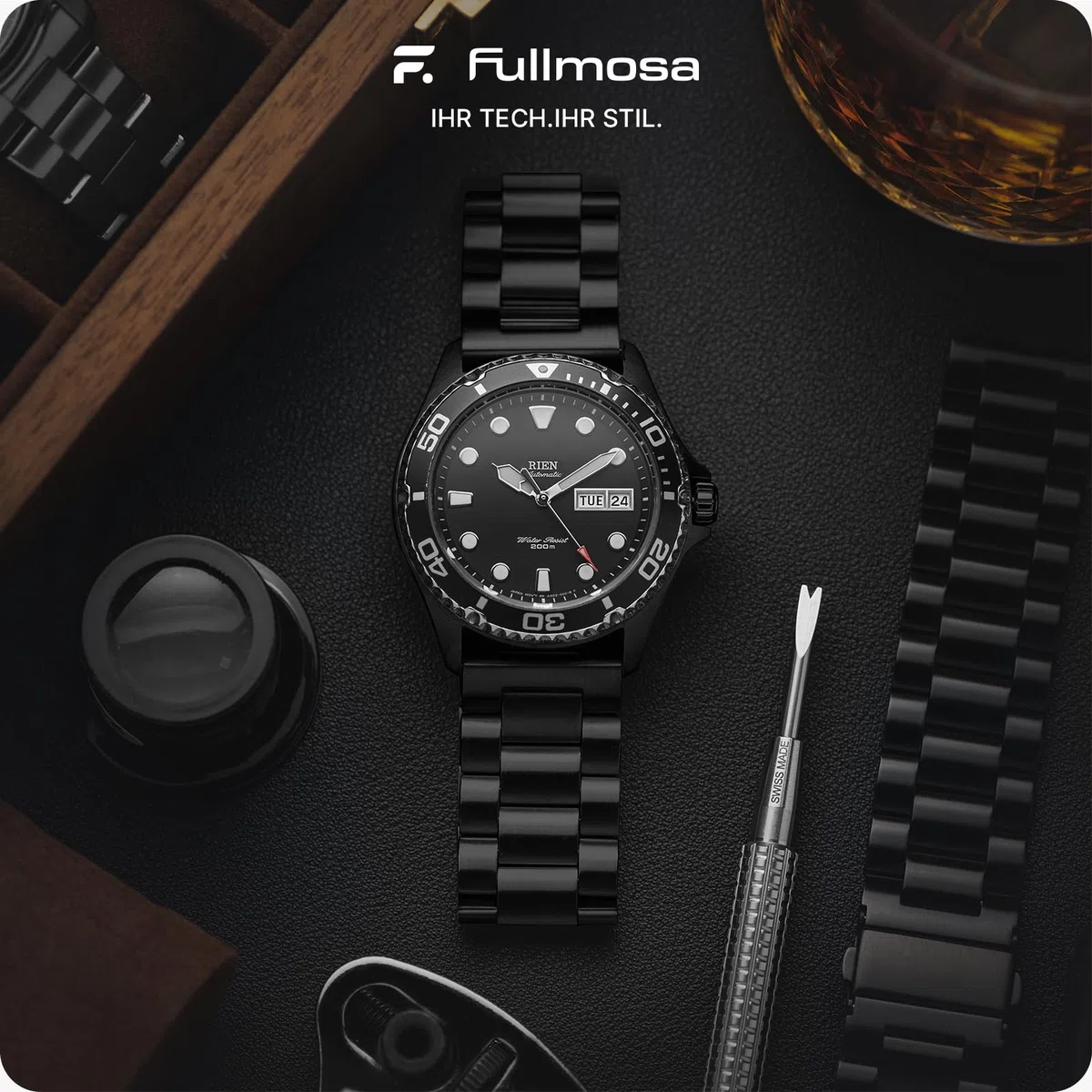 Fullmosa Edelstahl Uhrenarmband 22mm 16mm 18mm 19mm 20mm 24mm für Uhr und Smartwatches| Wechsel Ersatz Metallarmband mit Schnellverschluss für Damen&Herren, 22mm Schwarz