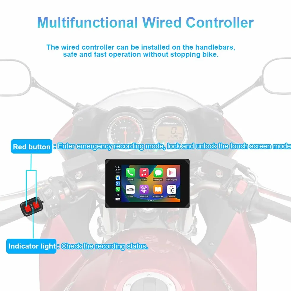 VSYSTO Motorrad Carplay Bildschirm, Wireless Carplay und Android Auto, GPS Navigation, Reifendrucksensoren, Touchscreen WiFi HD 1080P Vorder- und Hinterkamera Motorrad Dash Kamera (CS5)