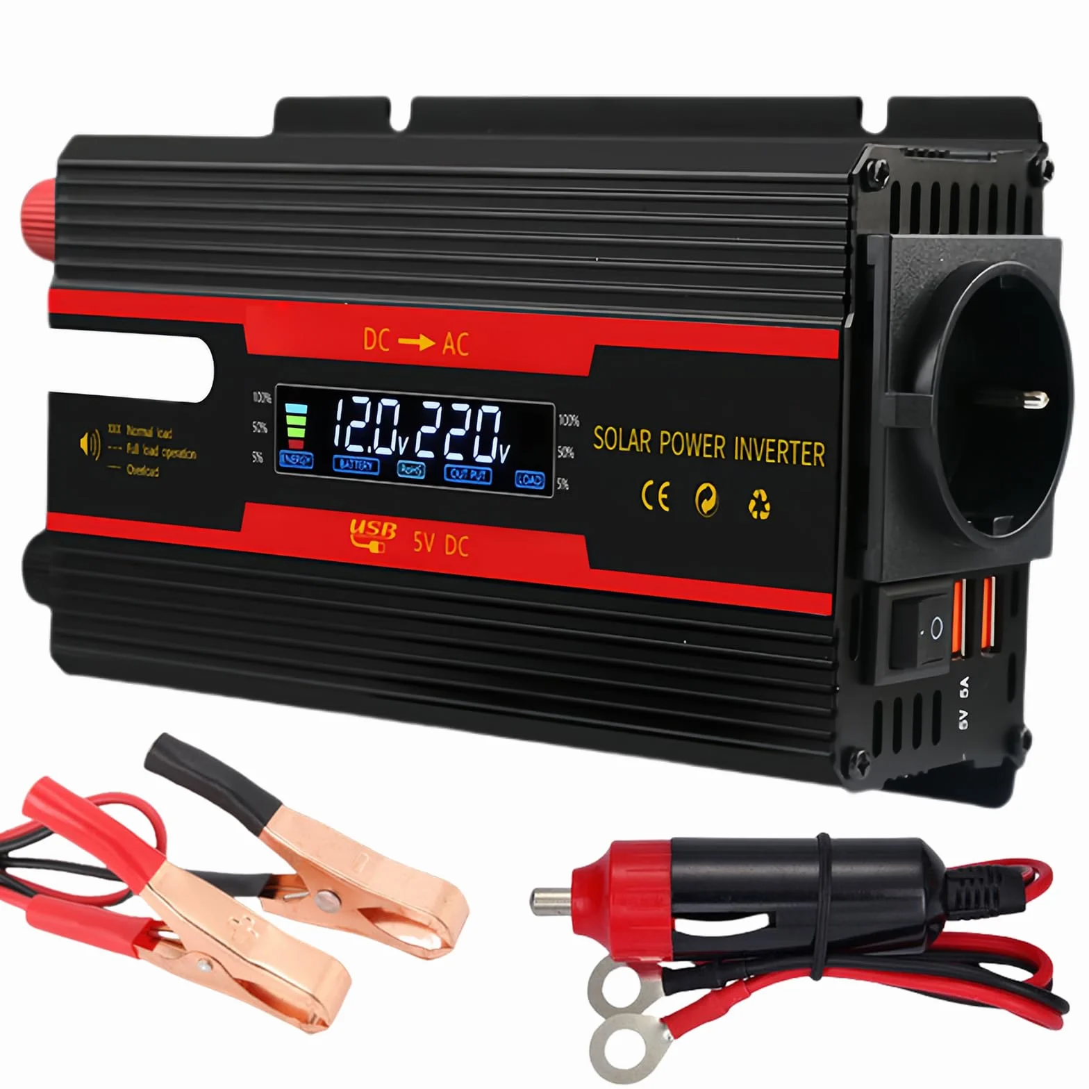 Wechselrichter Spannungswandler DC 12V / 24V auf AC 230V Modifizierte Sinuswelle Inverter 2000W mit EU Steckdosen, 2 USB und LCD-Anzeige Stromumwandler Adapter für Auto Kfz LKW Wohnwagen Camping