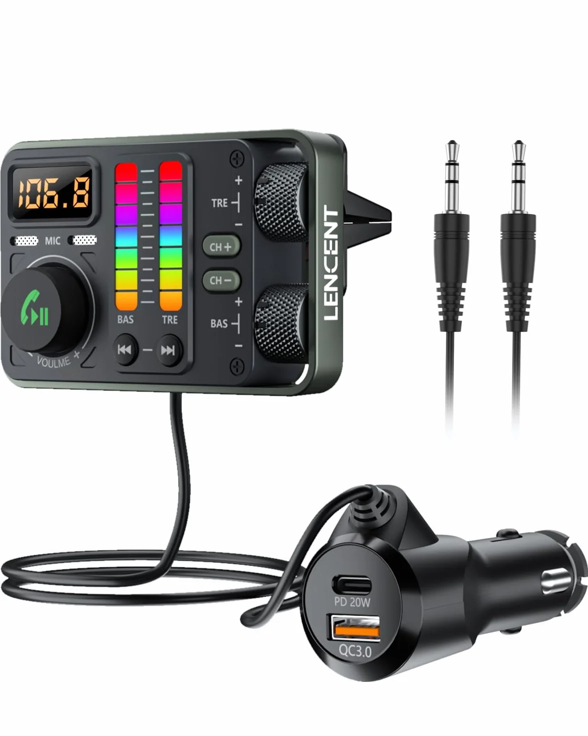 LENCENT Bluetooth 5.3 Auto FM Transmitter, PD20W QC18W Schnelles Autoladegerät, Radio Bluetooth Auto Adapter mit Dual Mics für Freisprecheinrichtung, Siri&Google, U Disk/3.5mm AUX, Hi-Fi Treble & Bass
