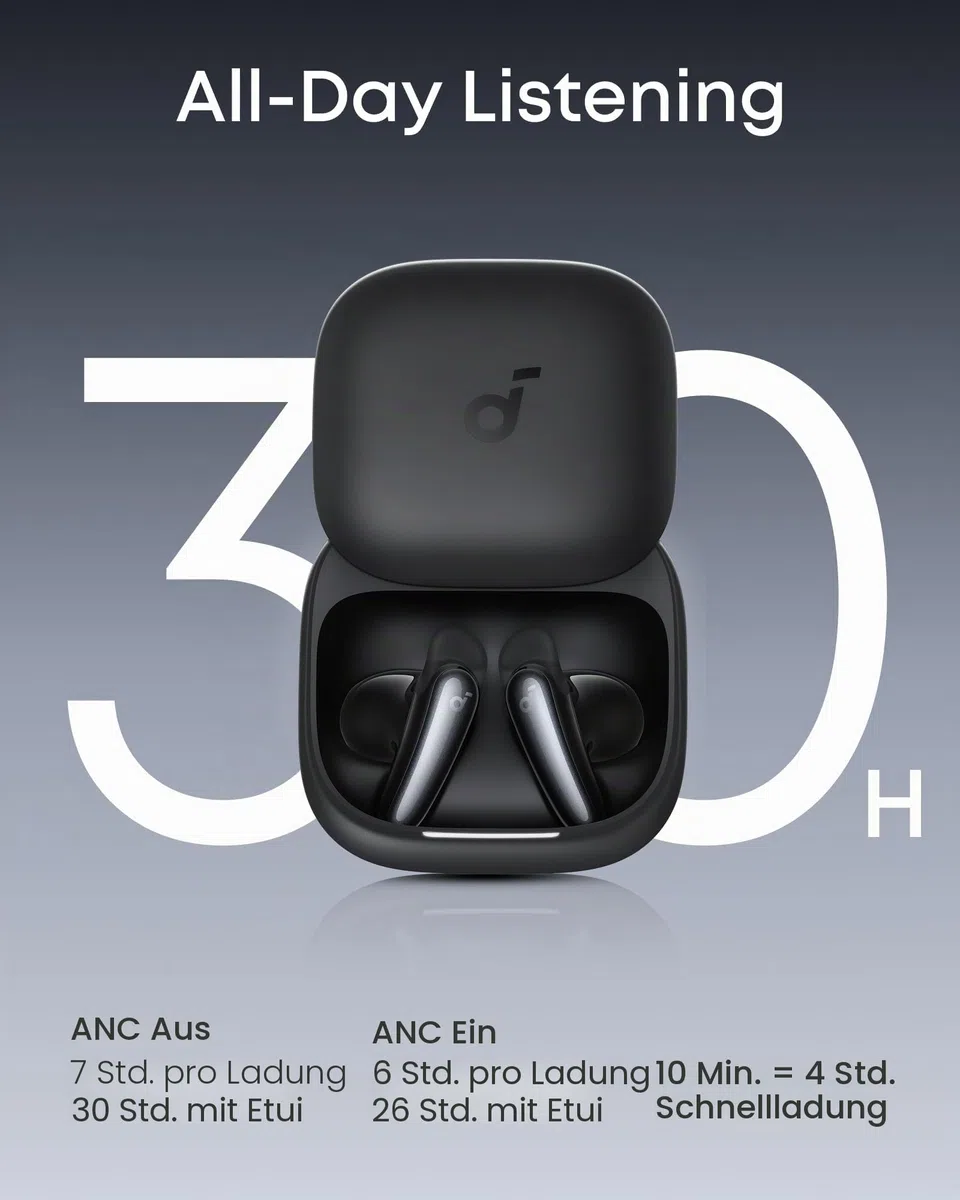 soundcore Liberty Buds by Anker, Semi-In-Ear Design, abnehmbare Ohrflügel, Adaptives Noise Cancelling in Echtzeit, Hi-Res, Kabellose Bluetooth-Earbuds, Übersetzungskopfhörer, 30h Spielzeit