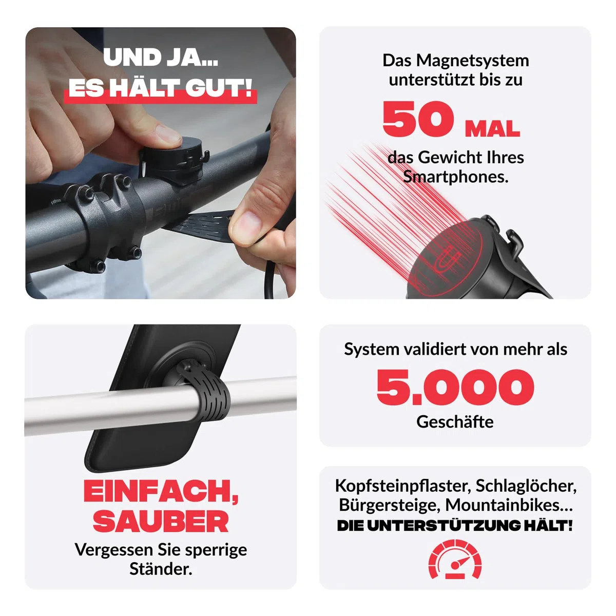 Shapeheart Magnetische Fahrrad Handyhalterung - Einhändiges Anbringen - Universelle Lenkerhalterung für MTB, Motorrad, E-Scooter - Inklusive Metallplatte - Stabiler und Schneller Halt | Für glatte Handyhüllen | Lenker & Vorbau 20–50 mm | 1-Hand-Bedienung