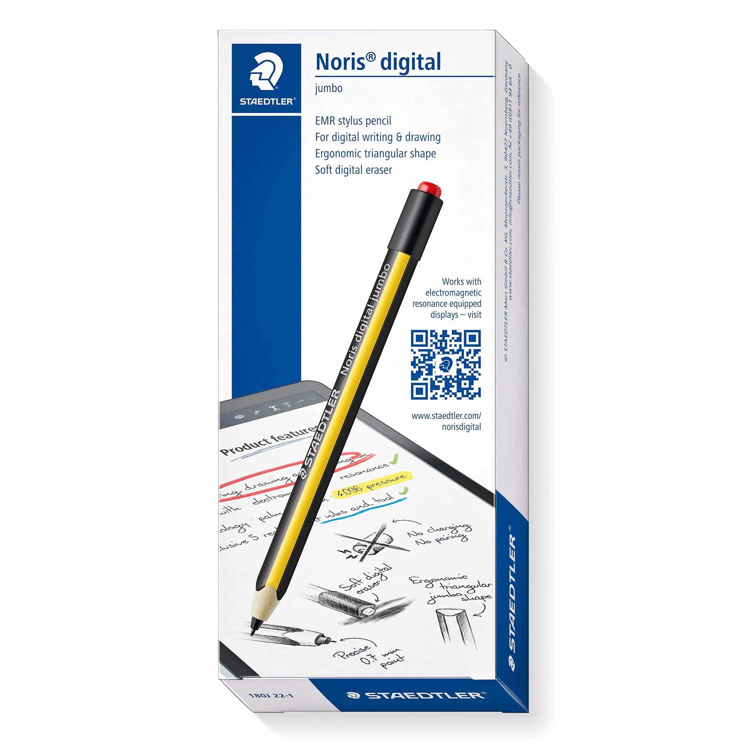 Staedtler Noris digital jumbo 180J 22. EMR Stylus mit weichem Radierer. Eingabestift für Schreiben, Zeichnen und Radieren (4.096 Druckstufen, 0.7 mm Spitze), Gelb-Schwarz