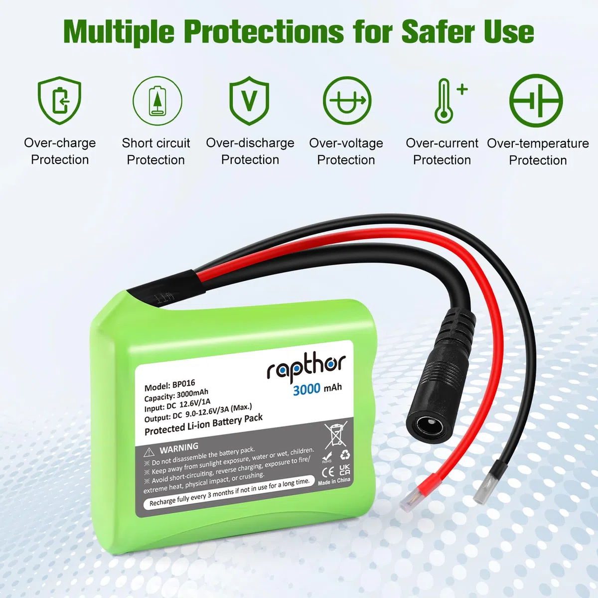 Rapthor 12V 3000mAh DC Wiederaufladbarer Lithium-Ionen-Akku 3Ah mit Ladegerät und DC5521-Stecker für Router, CCTV-Kamera, LED-Streifenlicht, DIY-Werkzeuge und andere 12-Volt-Geräte (kleine Größe)