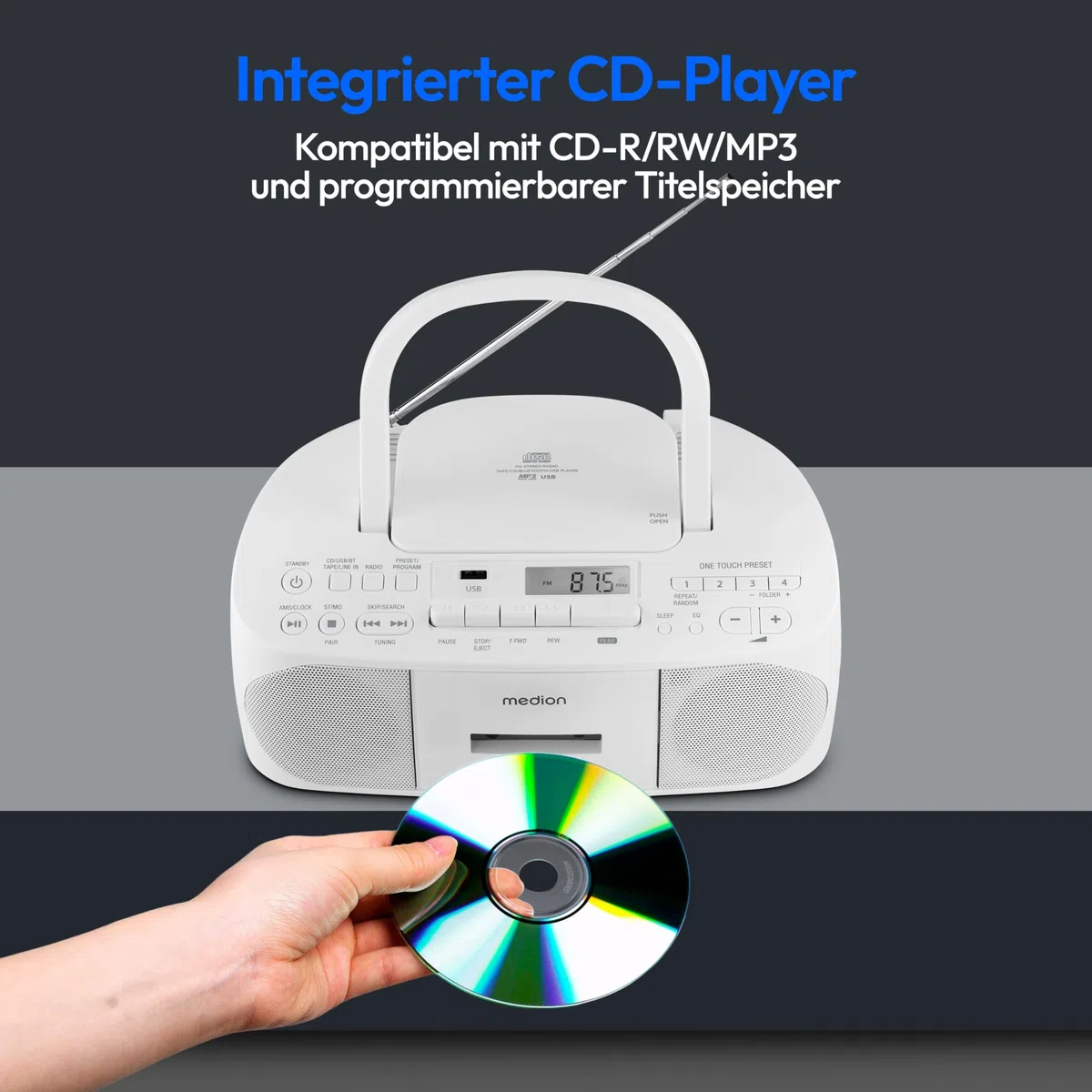 MEDION E65010 Stereoradio (CD-Player, Kassette, USB Anschluss, AUX Audioeingang, MP3-Widergabe. UKW PLL Radio,40 Senderspeicher, Batteriebetrieb, Fernbedienung) weiß