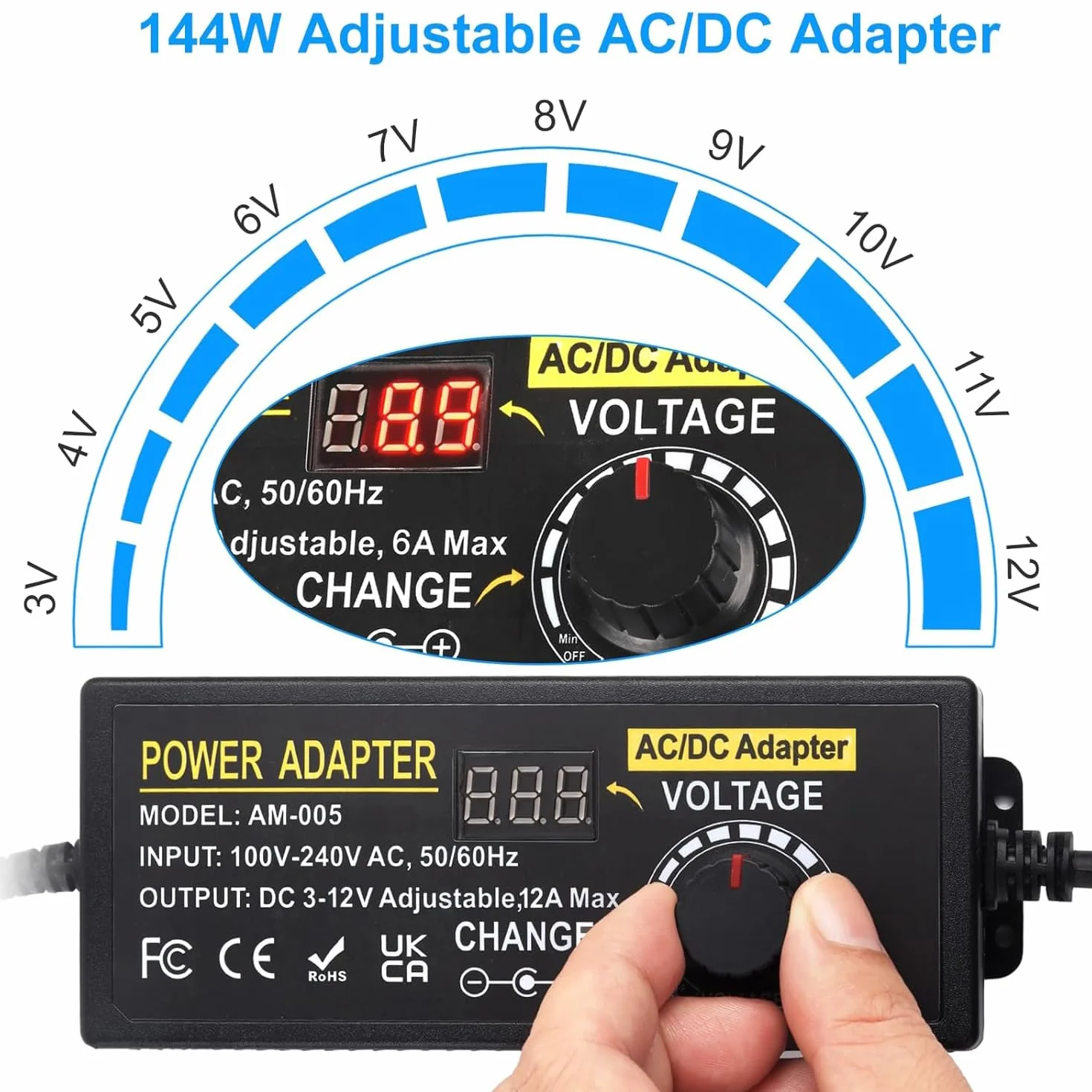 Universal Netzteil 12V 12A, Verstellbarer Netzadapter 3V-12V 144W Einstellbares Netzteil 100V-240V AC to DC 3V 4.5V 5V 6V 7.5V 9V 12V 1A 2A 3A 4A 5A 10A mit 14 DC Steckern