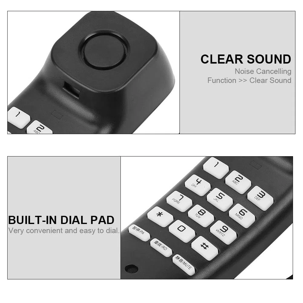 VBESTLIFE Noise Canceling Wandtelefon,Letzte Wahlwiederholung Anti-Interferenz Wandmontiertes Telefon für Büro,Haus, Hotel usw.(Schwarz)