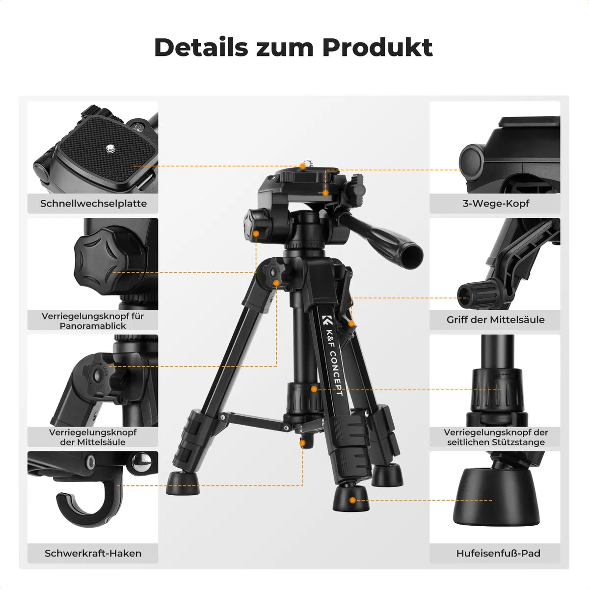 K&F CONCEPT Mini Tischkamerastativ, S233A0 63cm Kamera Stativ mit Fernbedienung, klein und tragbar für DSLR-Kameras, Camcorder, Smartphone, Projektoren und Teleskope | Tragbares Aluminium-Stativ für DSLR-Kameras, leichtes Video-Stativ für Reisen. Maximale