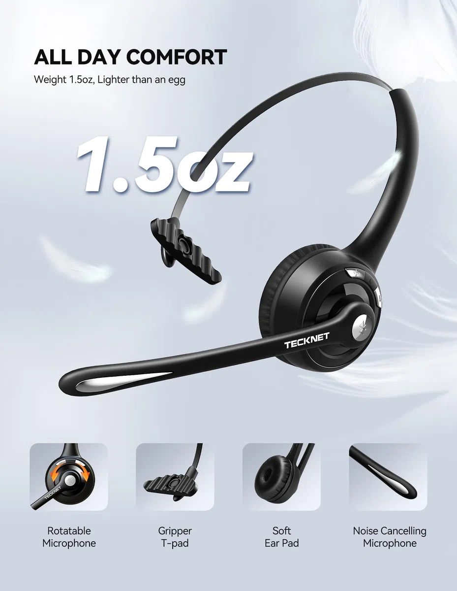 TECKNET Bluetooth Headset mit Mikrofon, kabelloses PC Headset Rauschunterdrückung und Freisprechen Chat Headset für Computer, Callcenter, Telefonkonferenzen, Super Leicht, Ultra Komfort