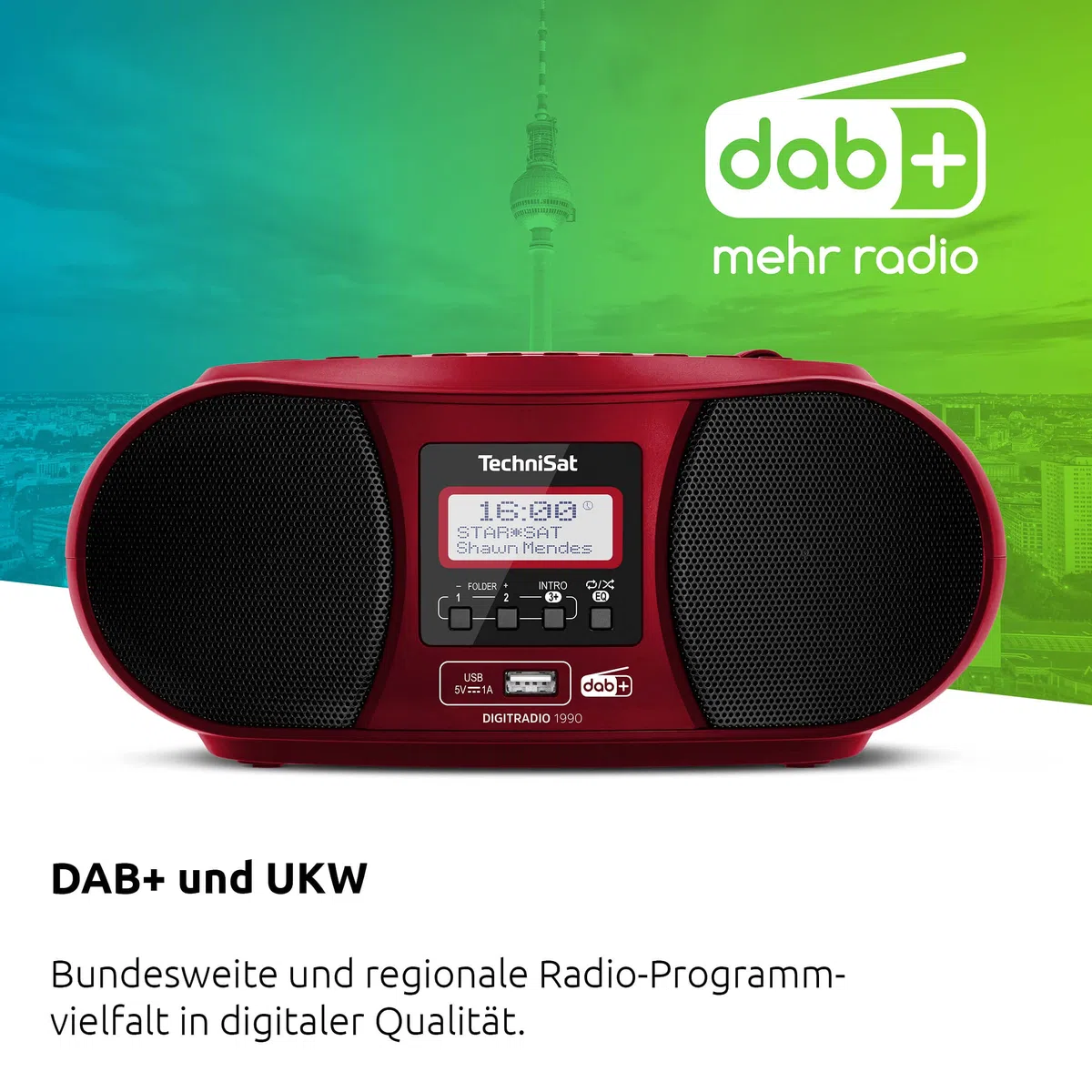 TechniSat DIGITRADIO 1990 - Stereo-Boombox mit DAB+/UKW-Radio und CD-Player (Bluetooth-Audiostreaming, Kopfhöreranschluss, USB, AUX in, Ladefunktion, Uhr, 2 x 1,5 Watt Ausgangsleistung) rot