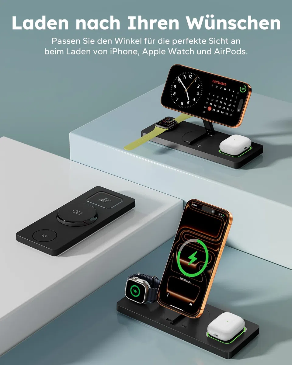 3 in 1 MagSafe Ladestation iPhone Apple Watch, Faltbar Induktive Ladestation Kompatibel mit MagSafe Ladegerät für iPhone 17/16/15/14/13/12, Apple Watch & AirPods (inkl. 20W Adapter) - Schwarz