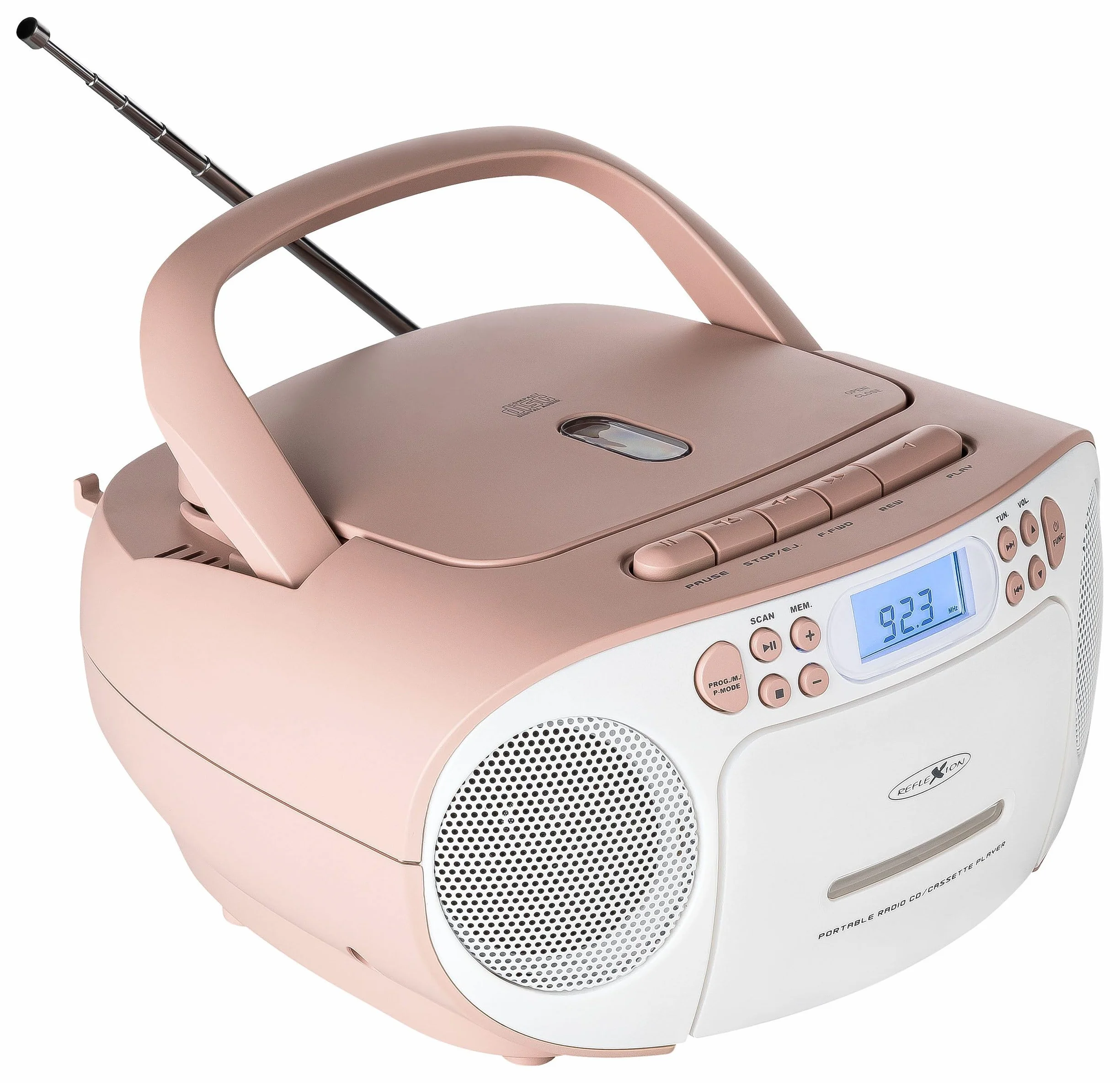 Reflexion RCR2260 CD-Player mit Kassette und Radio für Netz- und Batteriebetrieb (PLL UKW-Radio, LCD-Display, AUX-Eingang, Kopfhörer-Anschluss), weiß/rosa