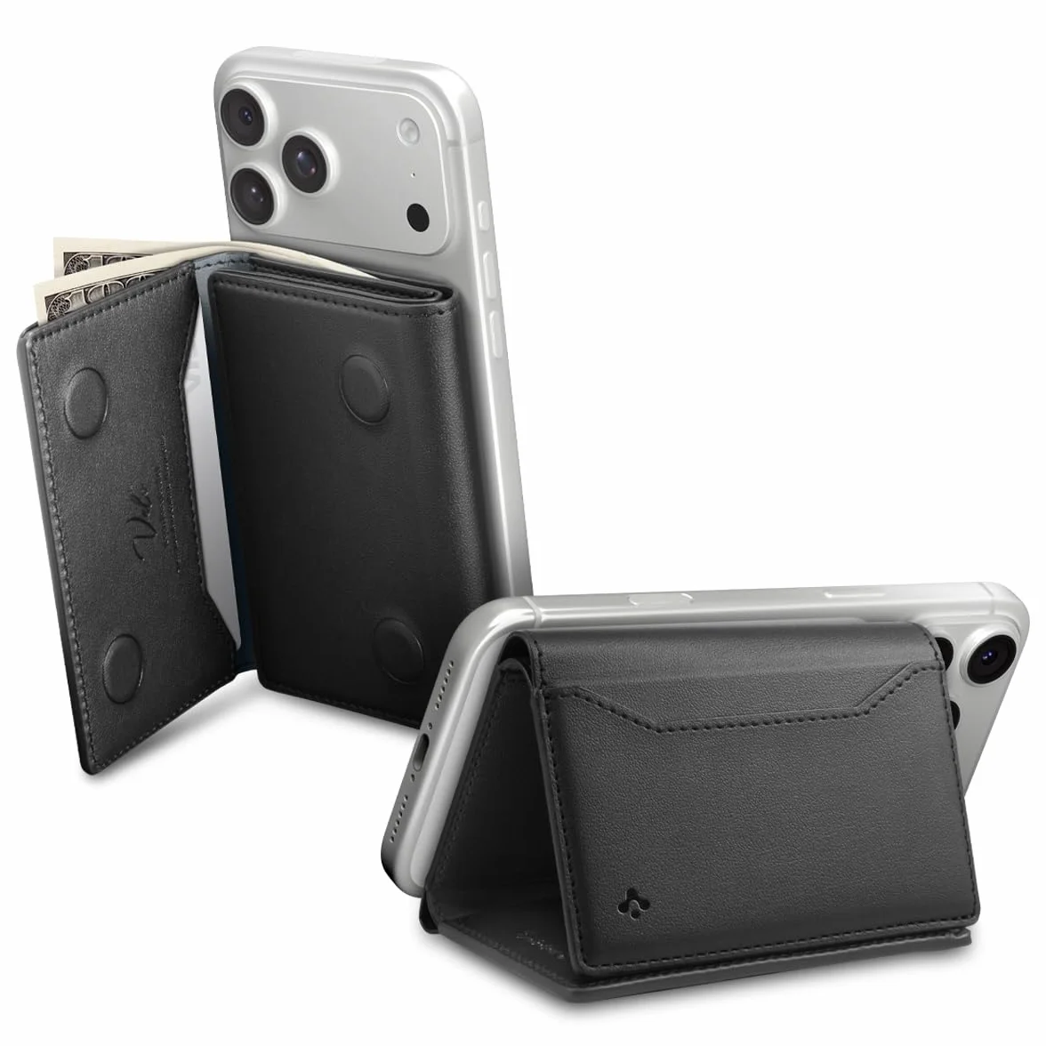 Spigen Valentinus S MagFit Magsafe Wallet 7 Kartenfächer, Geldscheinfach, Apfelleder, RFID-Schutz, Multifunktionaler Ständer für iPhone 17/16/15, MagSafe-Modelle, Google Pixelsnap - Schwarz