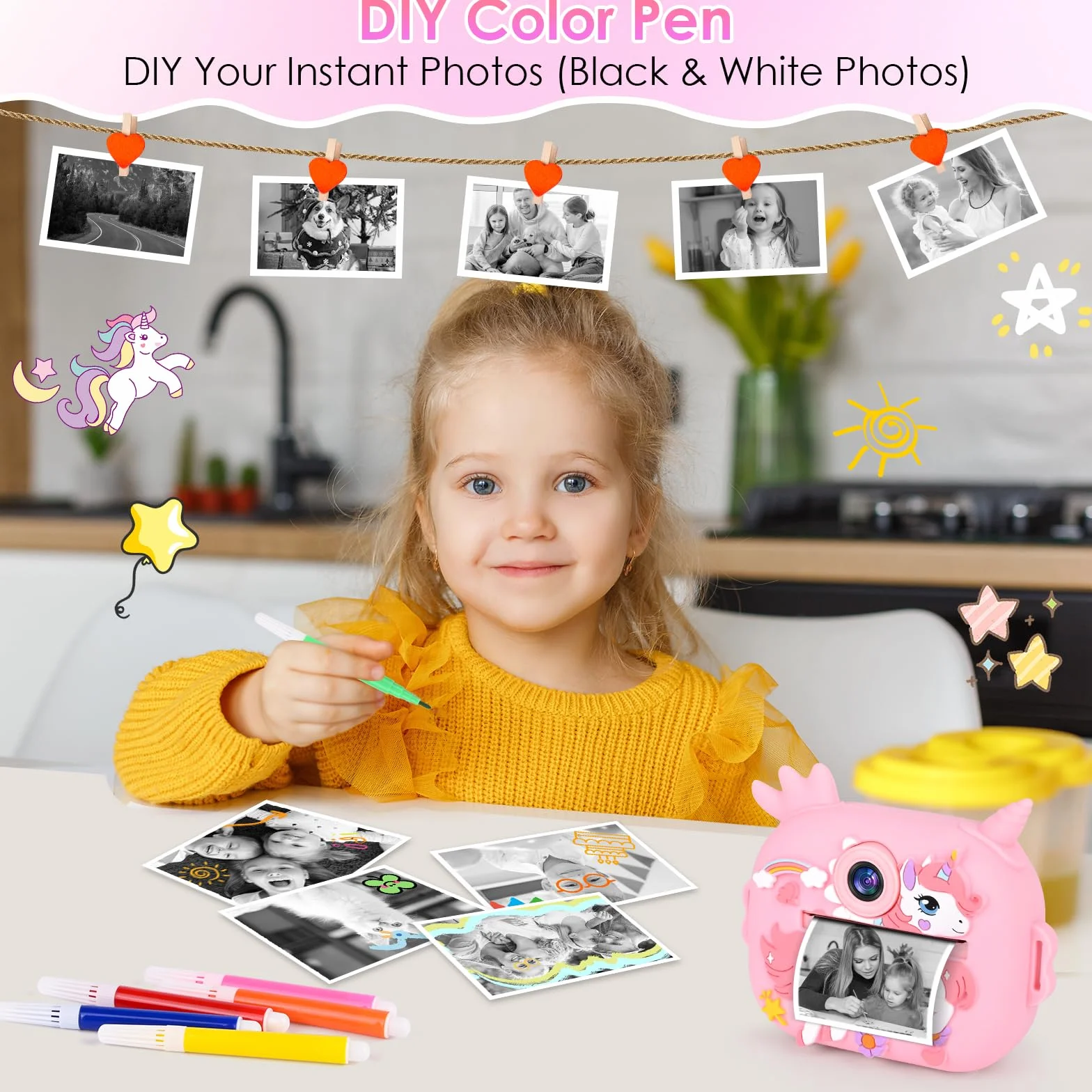 Sofortbildkamera, 2,4 Zoll (6,1 cm) Display, Digitalkamera für Kinder, Videokamera mit Druckpapier und Karte 32 GB farbige Stifte, Weihnachten, Geburtstag, Geschenk für Kinder 3 – 10 Jahre (Rosa)
