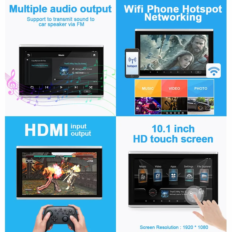 Auto-Kopfstütze WiFi-Videoplayer, Android 9.0 Auto-Rücksitz-TV-Monitore mit Montagehalterung, IPS-Touchscreen-Multimedia-Monitor, Auto-TV, 1080P HD-Video unterstützen, 10.1''