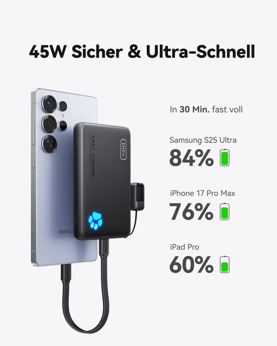 INIU Power Bank, Kleiner 45W Schnellladen 10000mAh Powerbank mit Abnehmbar USB C Kabel, Flugtauglich & Reise-Essential, Externe Handyakkus für iPhone 17 16 15 Pro, Samsung S25, Xiaomi, iPad etc
