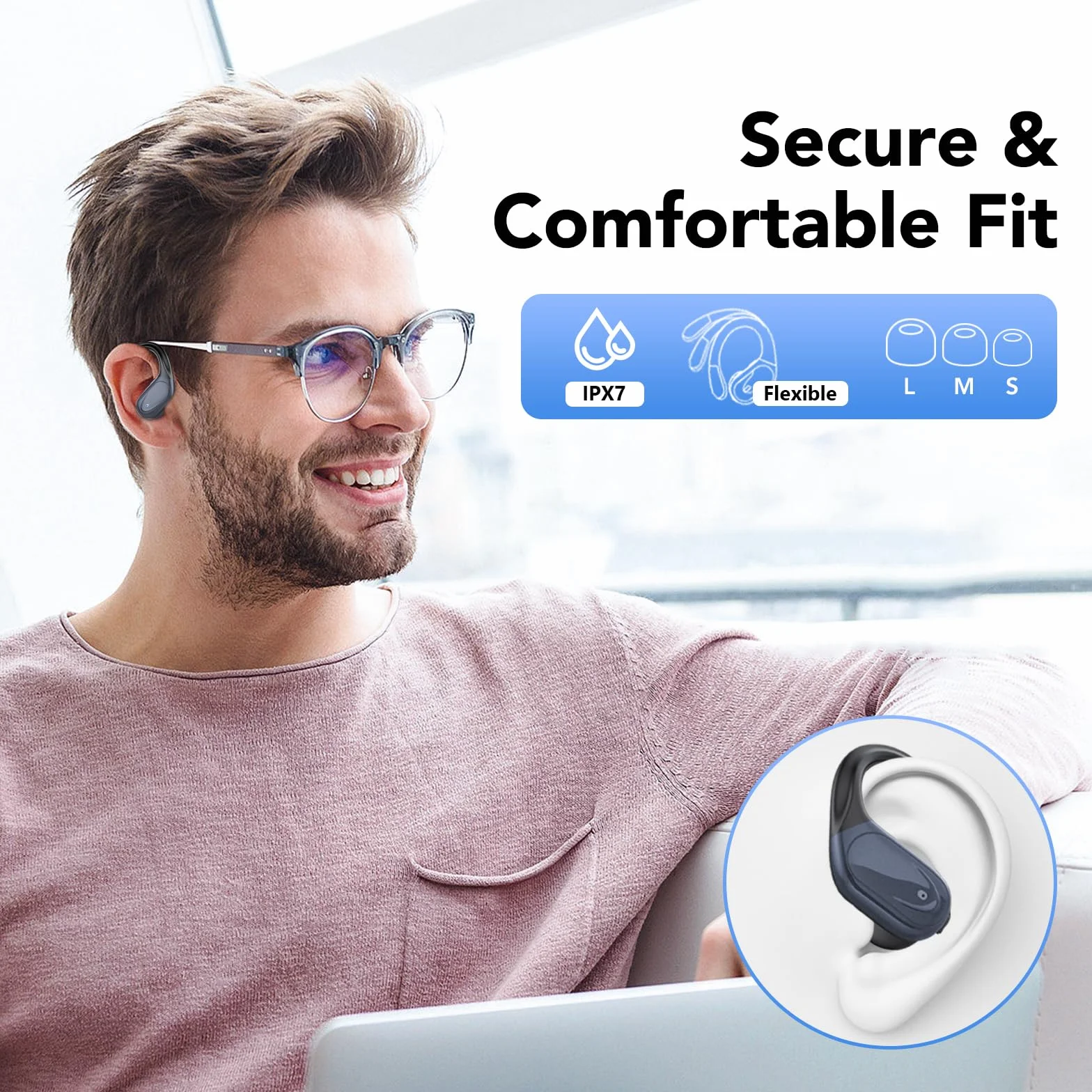 CASCHO Bluetooth Kopfhörer Sport, Kopfhörer Kabellos Bluetooth 5.3, 60 Std Kabellose Kopfhörer mit Tiefer Bass, In Ear Kopfhörer mit 4 ENC Klarer Mic, IPX7 wasserdichte Ohrhörer mit Ohrhaken Schwarz
