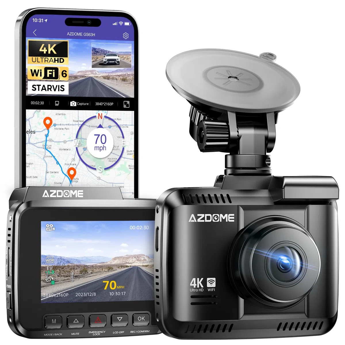 AZDOME Dashcam 4K Auto Kamera mit GPS WiFi Nachtsicht 170° Weitwinkel WDR 2,4" IPS Parküberwachung