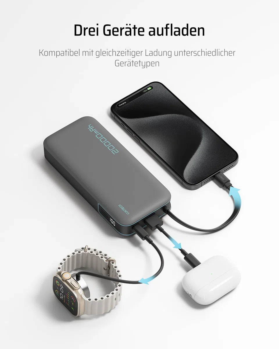 CUKTECH 20000mah Power Bank, 45W Powerbank mit Integriertem USB-C Kabel, Externe Handyakkus mit Schnellladefunktion, Externer Akku mit Digitales Display für iPhone 16/15 Pro Max, MacBook, Galaxy S25