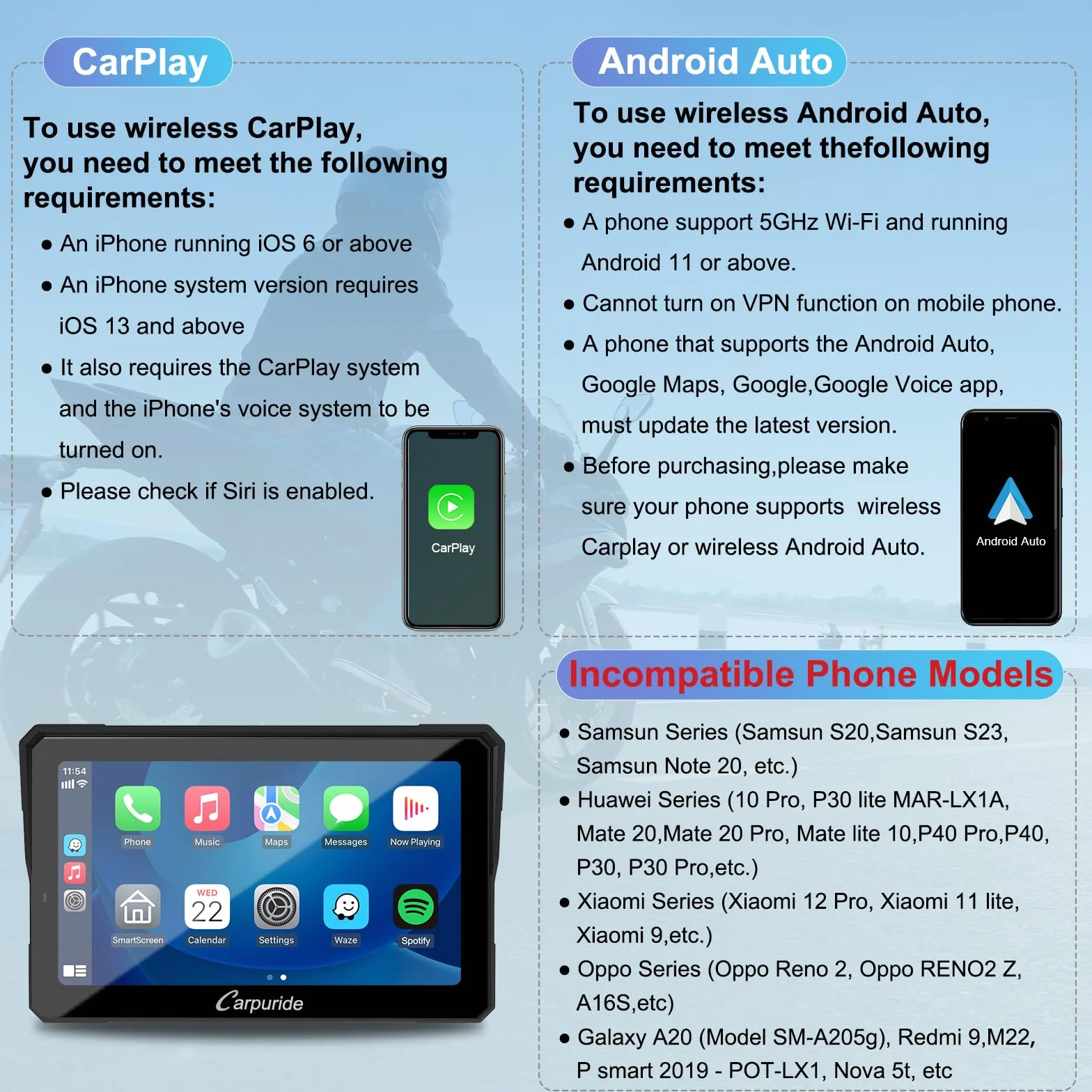 Carpuride W702 Pro Motorrad Carplay Bildschirm mit Gegensprechfunktion, Kabellos CarPlay und Android Auto, Tragbarem Wasserdichtem 7 Zoll Touchscreen, Verbessertem Dual Bluetooth, Navigation, Kompass.