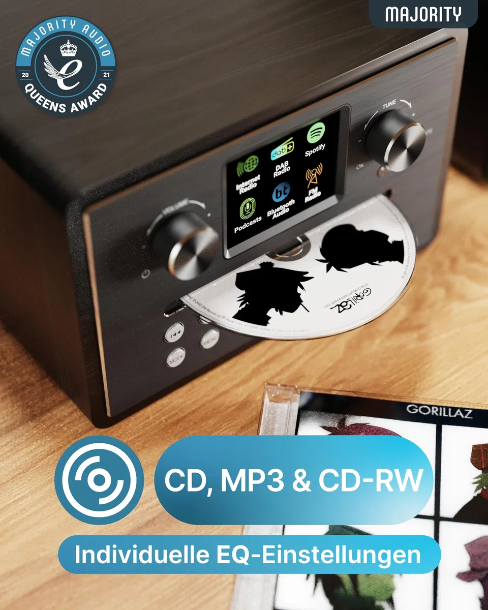 Internetradio WLAN Stereoanlage | HiFi Anlage DAB+ & UKW | CD Player Bluetooth 5.3 | Musikanlage mit Regallautsprechern | Kompaktanlagen mit Spotify Connect & Podcasts | MAJORITY Homerton HiFi